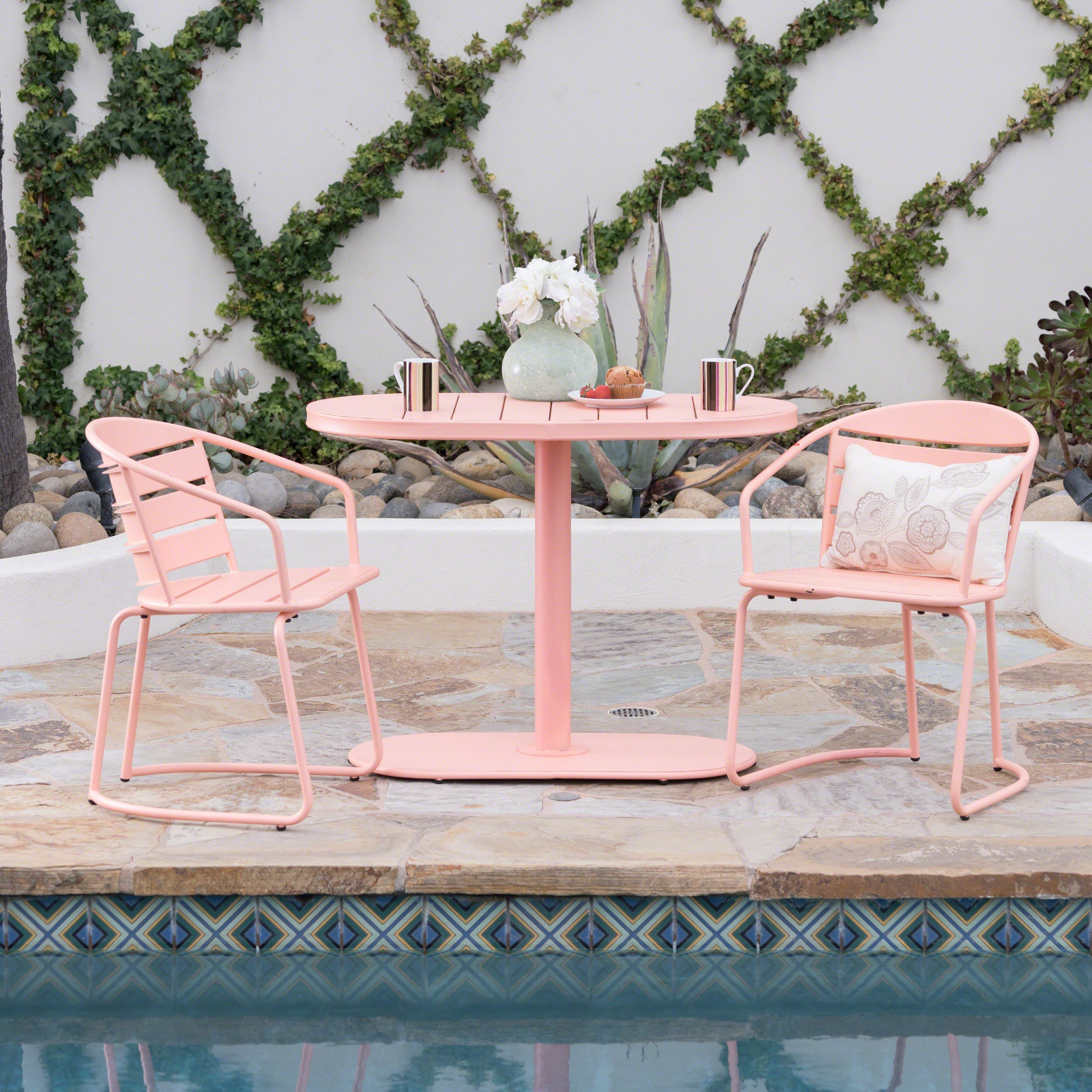 Outdoor Metal Seating Set with Coffee Table and 2 Chairs, Pink