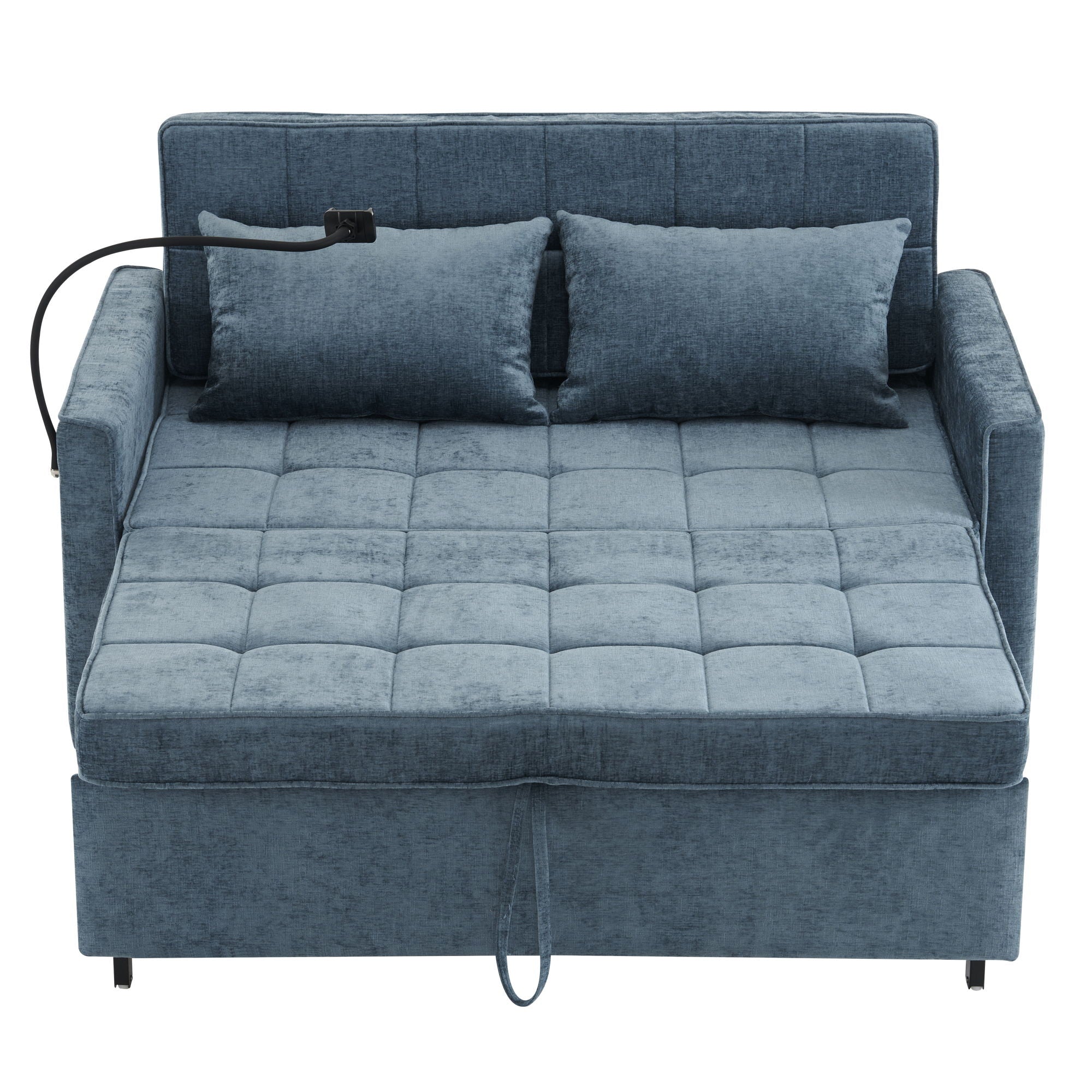 Pull-Out Sleeper Sofa With Reversible Backrest Cushion, Side Pockets, 2 USB Ports And A Phone Holder For Living Room