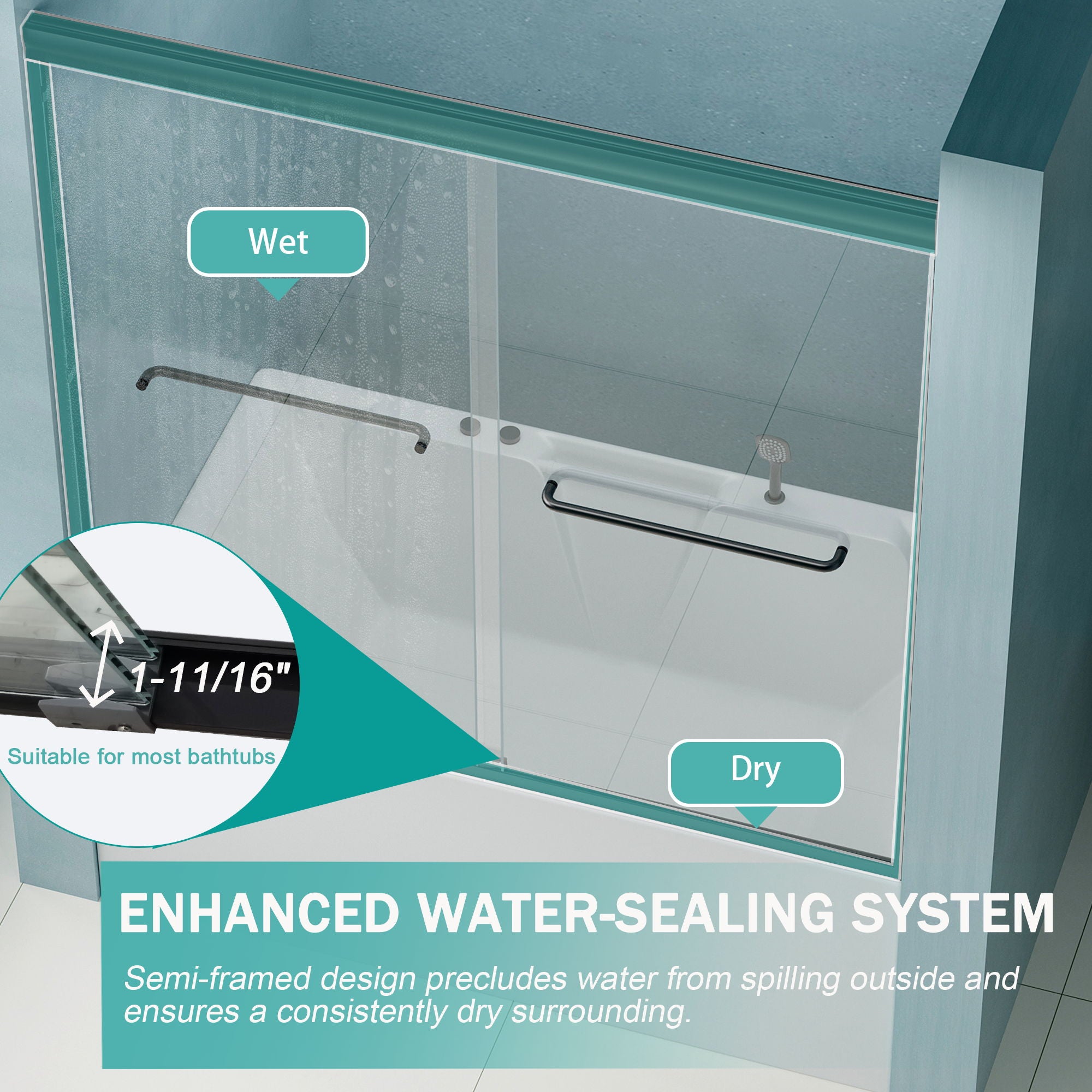 Double Sliding Bathtub Shower Door, Semi Frameless Bypass, 1 / 4" (6Mm) With Explosion - Proof Film, Adjustable Aluminum Alloy Frame