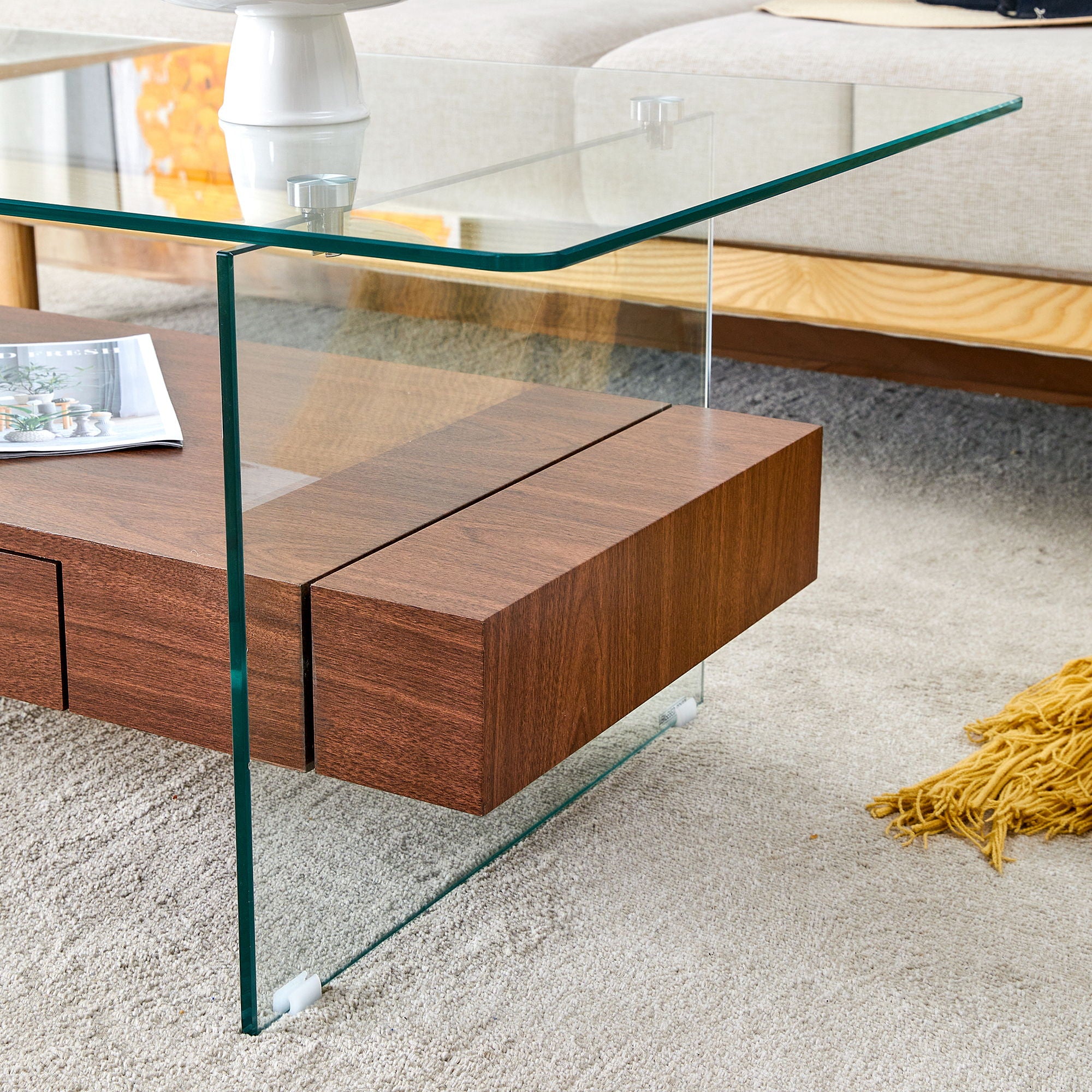 Modern 2 Tier Square Coffee Table, Elegant Marble Pattern