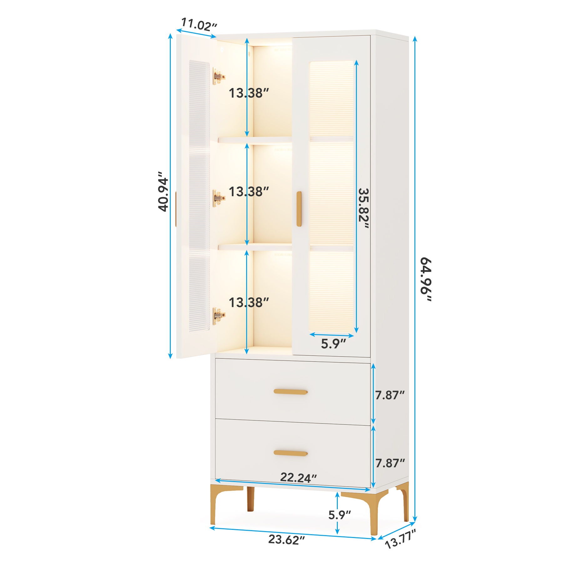 Bookcase With Doors, Drawers & RGB LED Light Tall Storage Cabinet For Living Room - White