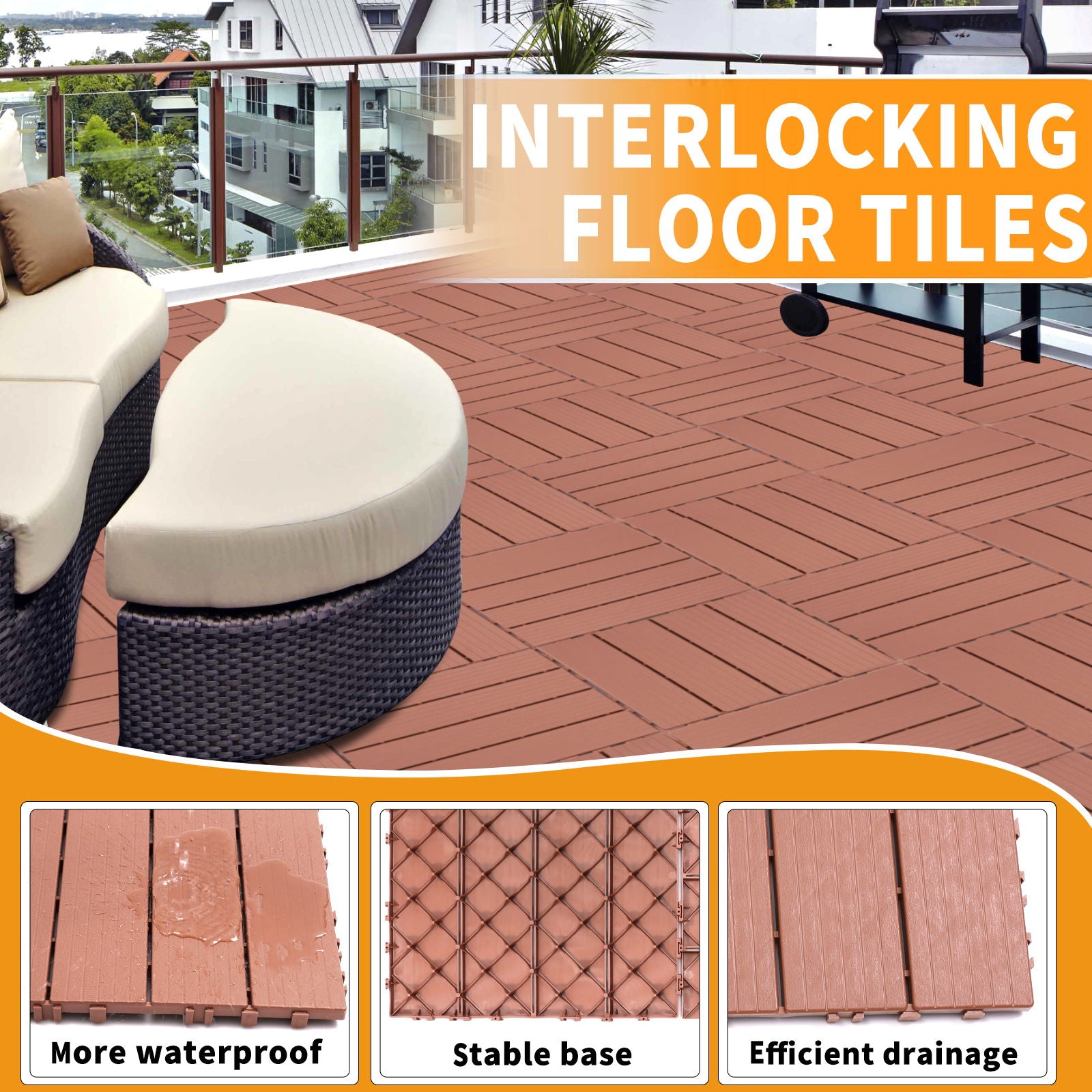 Plastic Interlocking Deck Tiles, Patio Flooring Outdoor Waterproof All Weather Use For Garden Poolside Front / Back Yard (Set of 44) - Mahogany