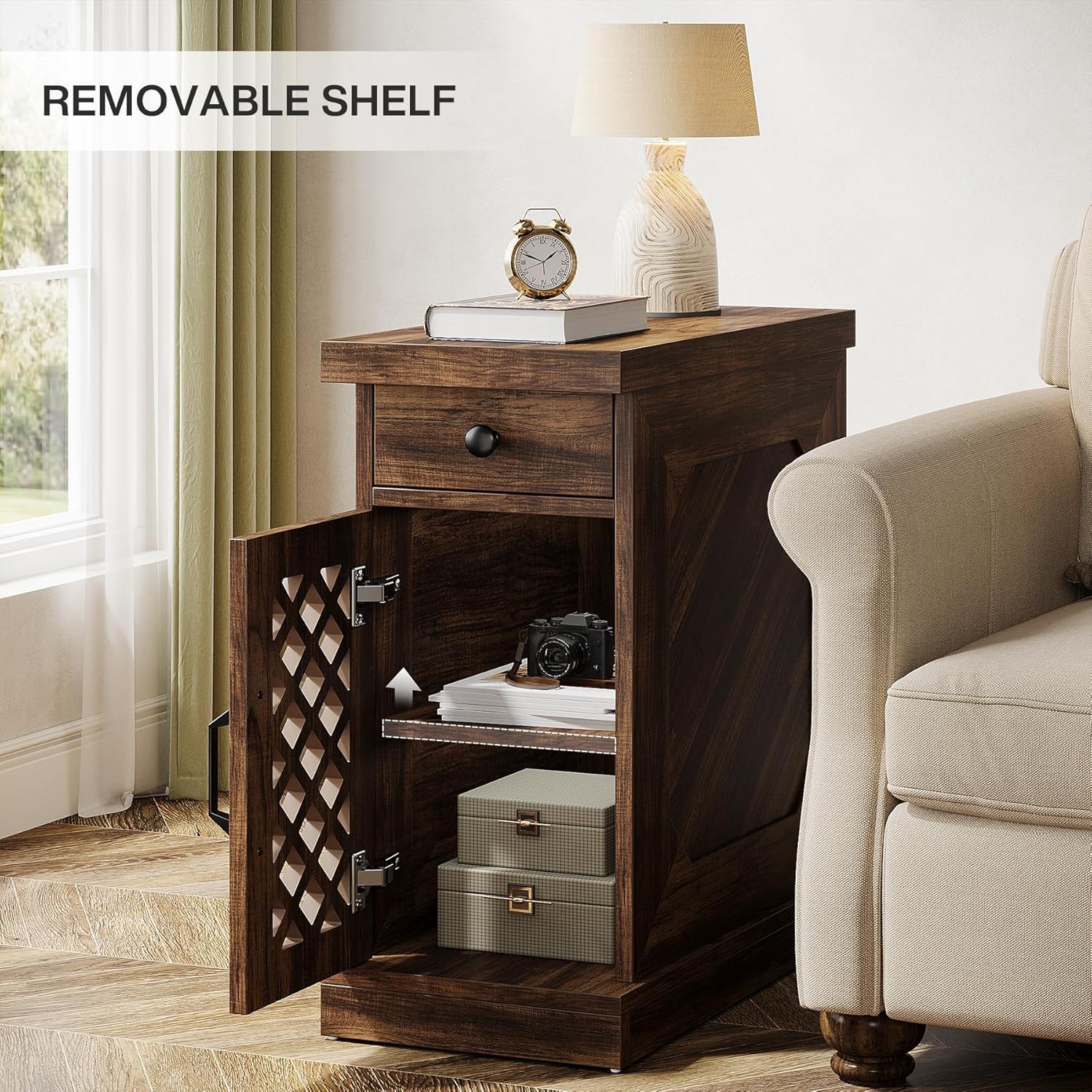 Narrow End Table With Drawer & Cabinet, Nightstand For Small Spaces - Brown