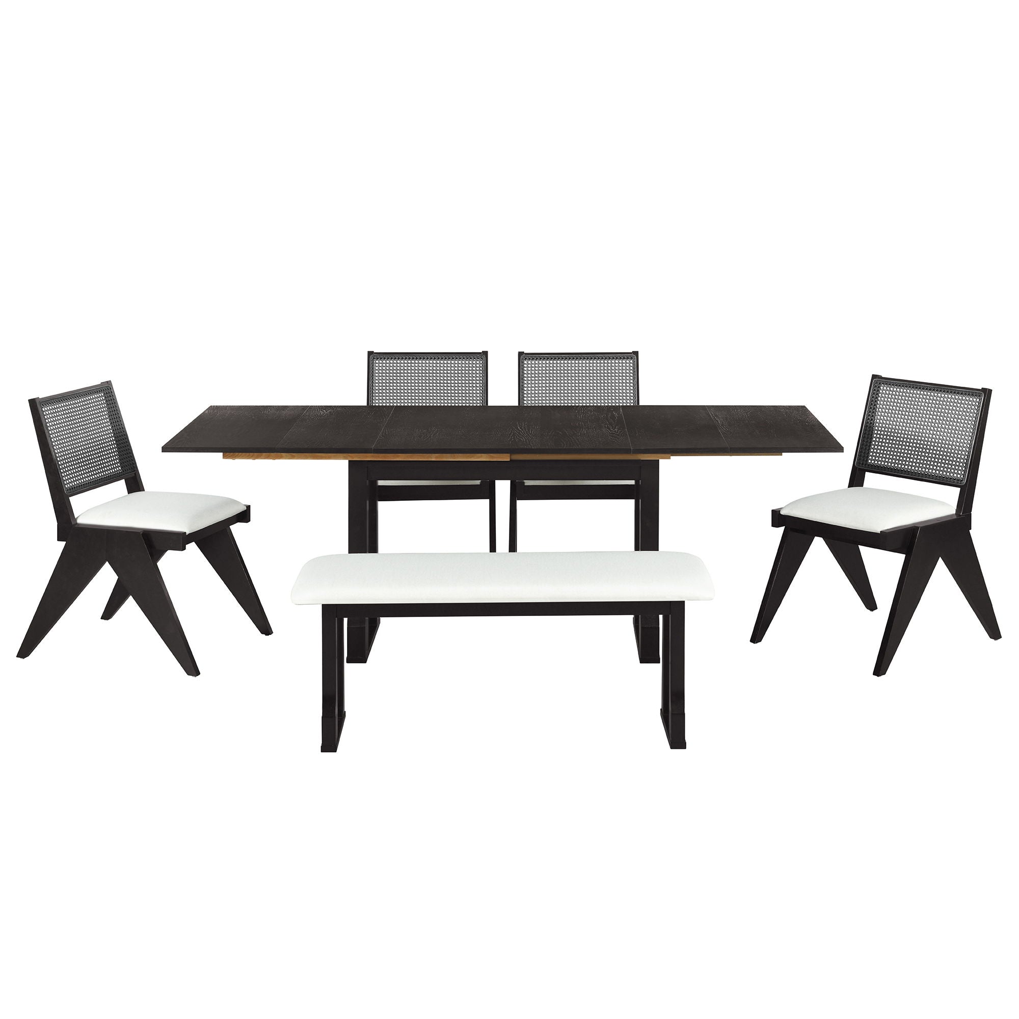 6 Piece Extendable Dining Table Set With 4 Wicker Back Upholstered Dining Chairs And Long Bench, 2 Removable Leaf