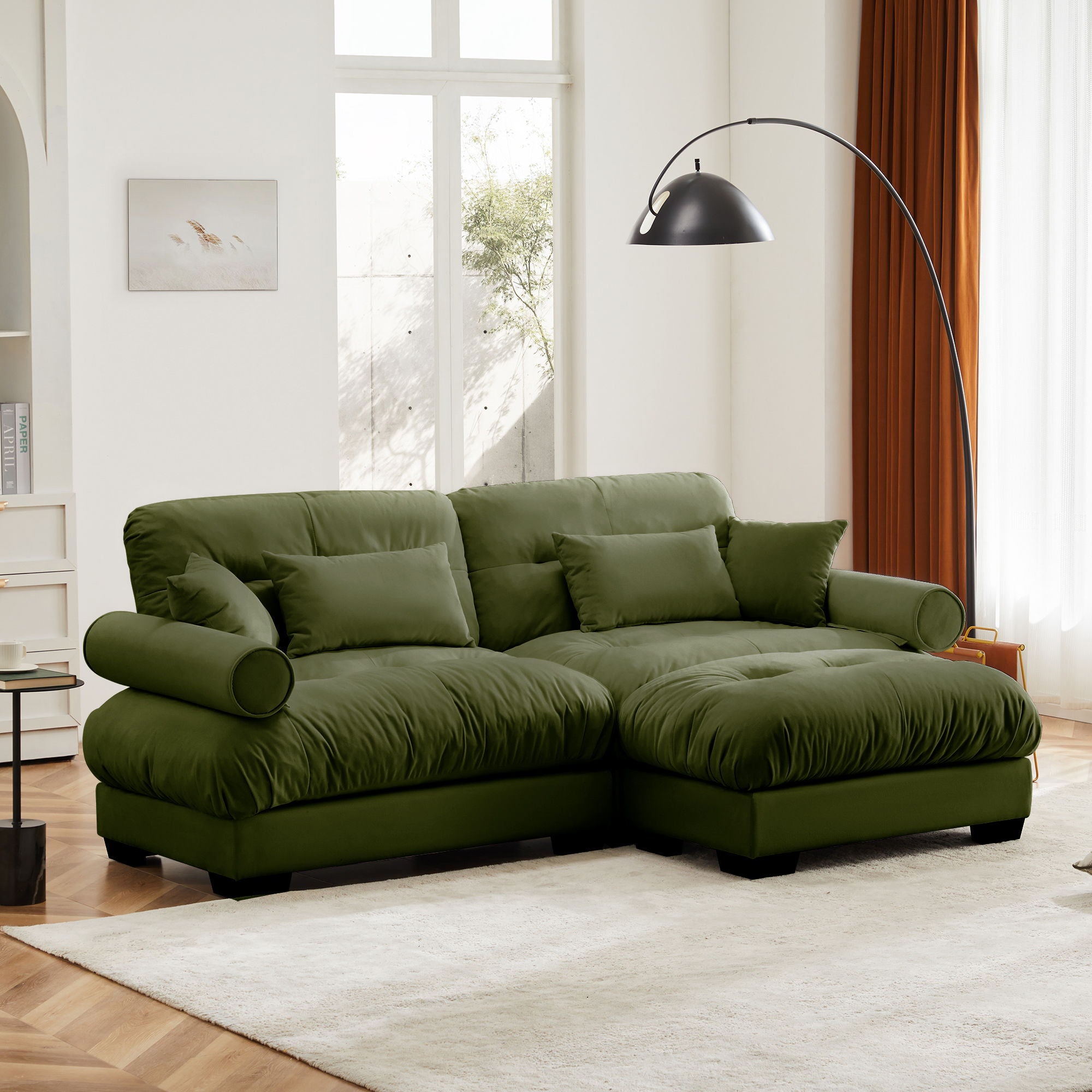 Modern Sectional Sofa With Ottoman, Round Bolster Armrests, Waist And Throw Pillows