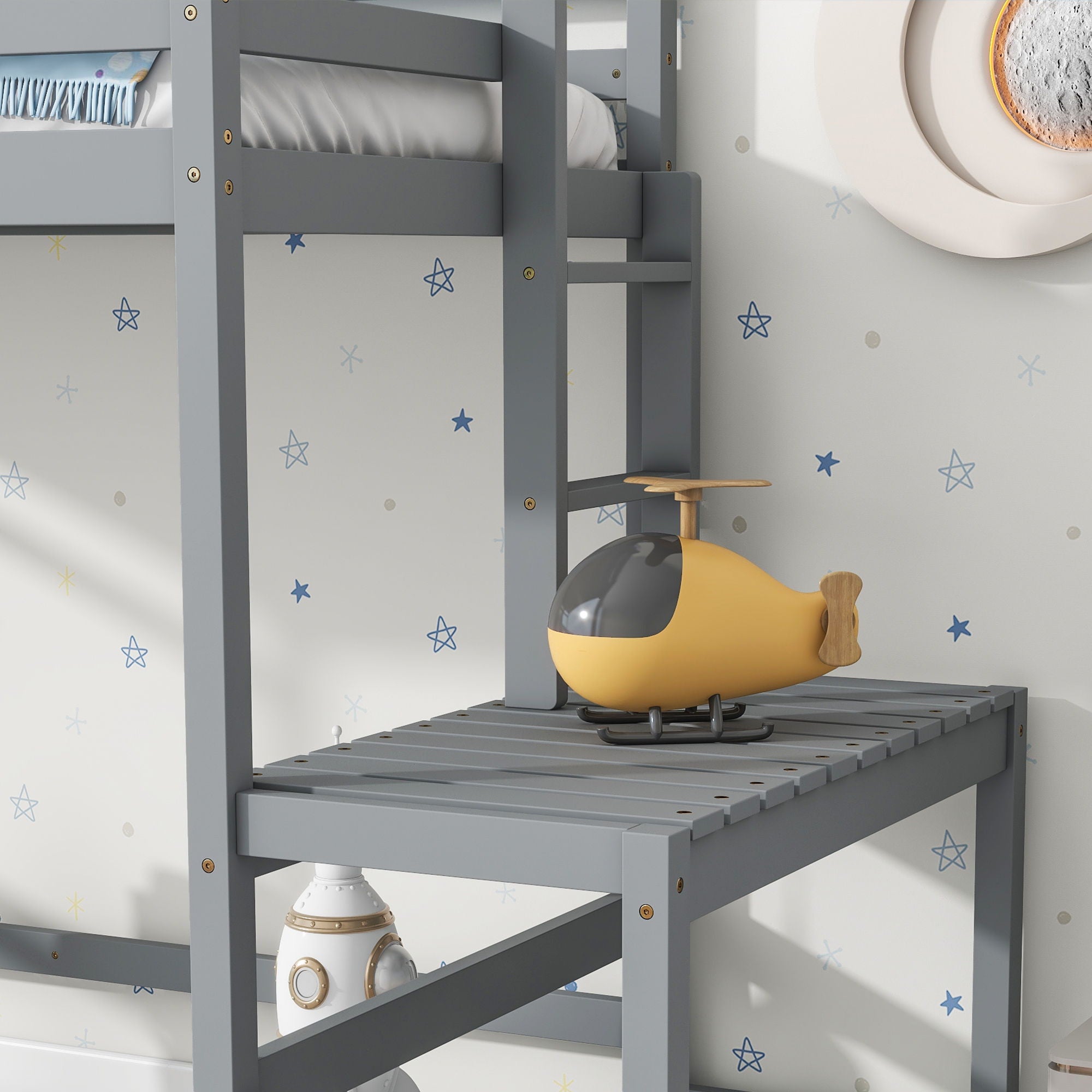High Loft Bed With Ladder Landing Platform, Ladders, Guardrails