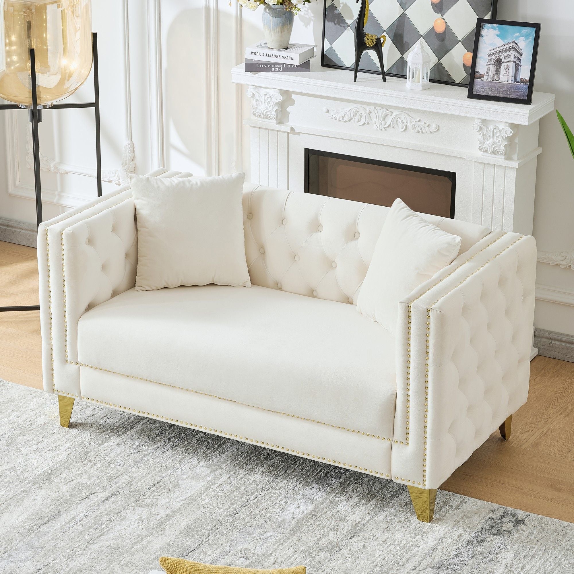 2 Seater Deep Seat Sofa, Sofa With Button Nailhead, Square Arm Couches, Furniture For Living Room - Beige
