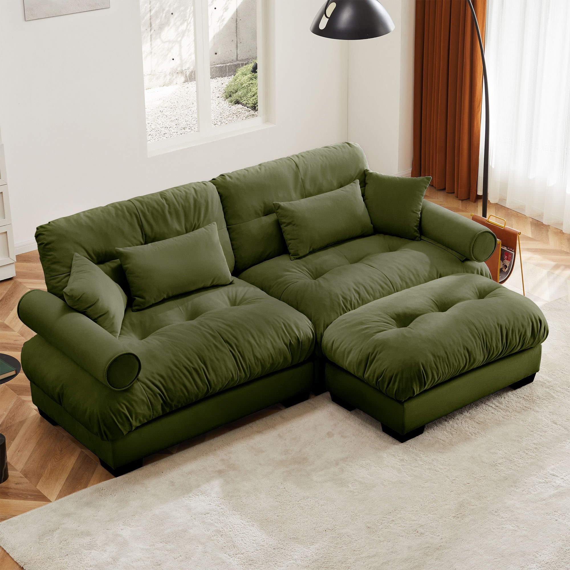 Modern Sectional Sofa With Ottoman, Round Bolster Armrests, Waist And Throw Pillows