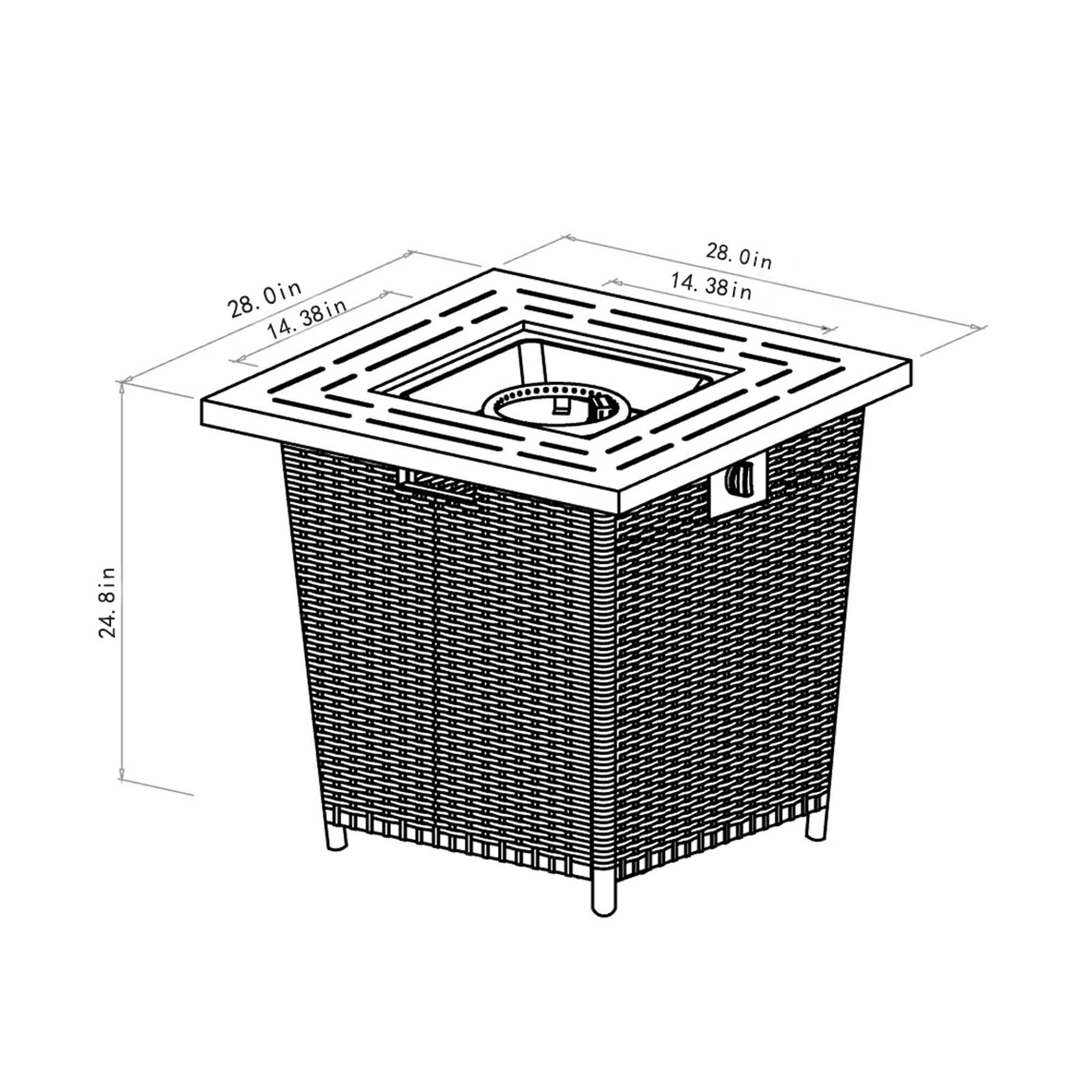 28-Inch Black Wicker Outdoor Propane Gas Fire Pit Table with Steel Top and 50,000 BTU Heat Output