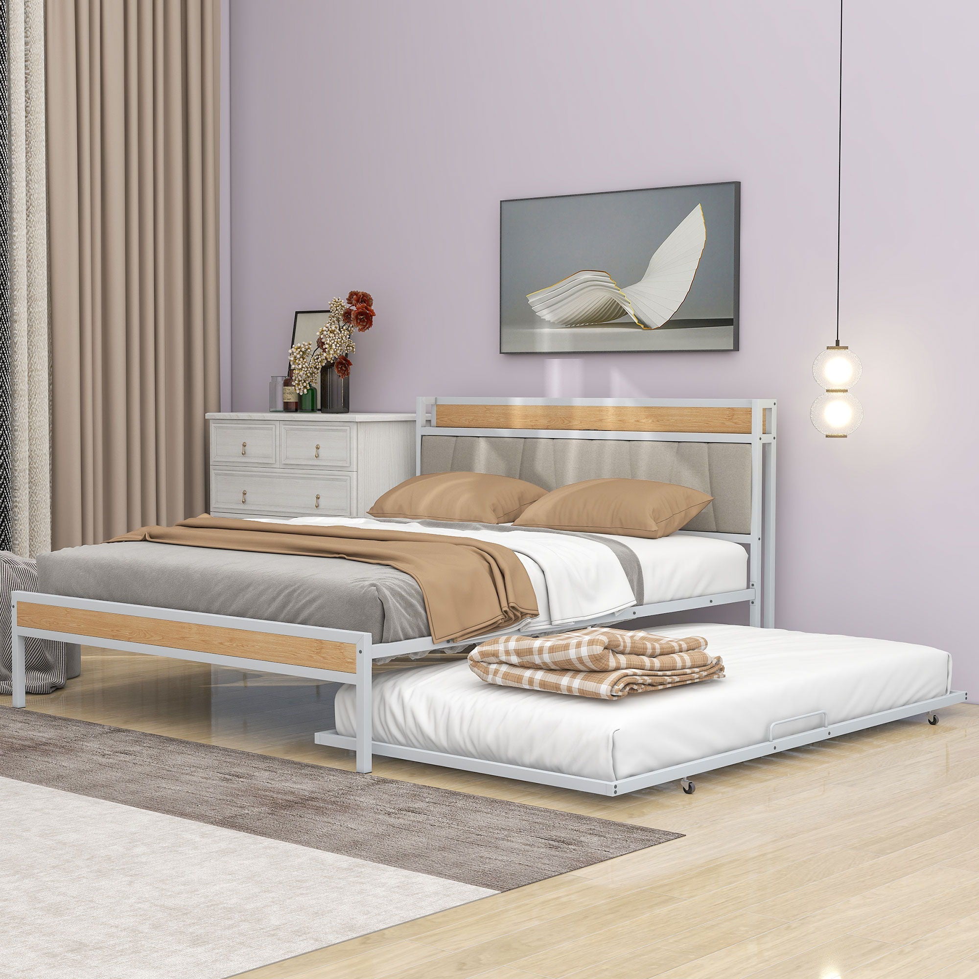 Platform Bed Frame With Trundle, USB Ports And Slat Support, No Box Spring Needed