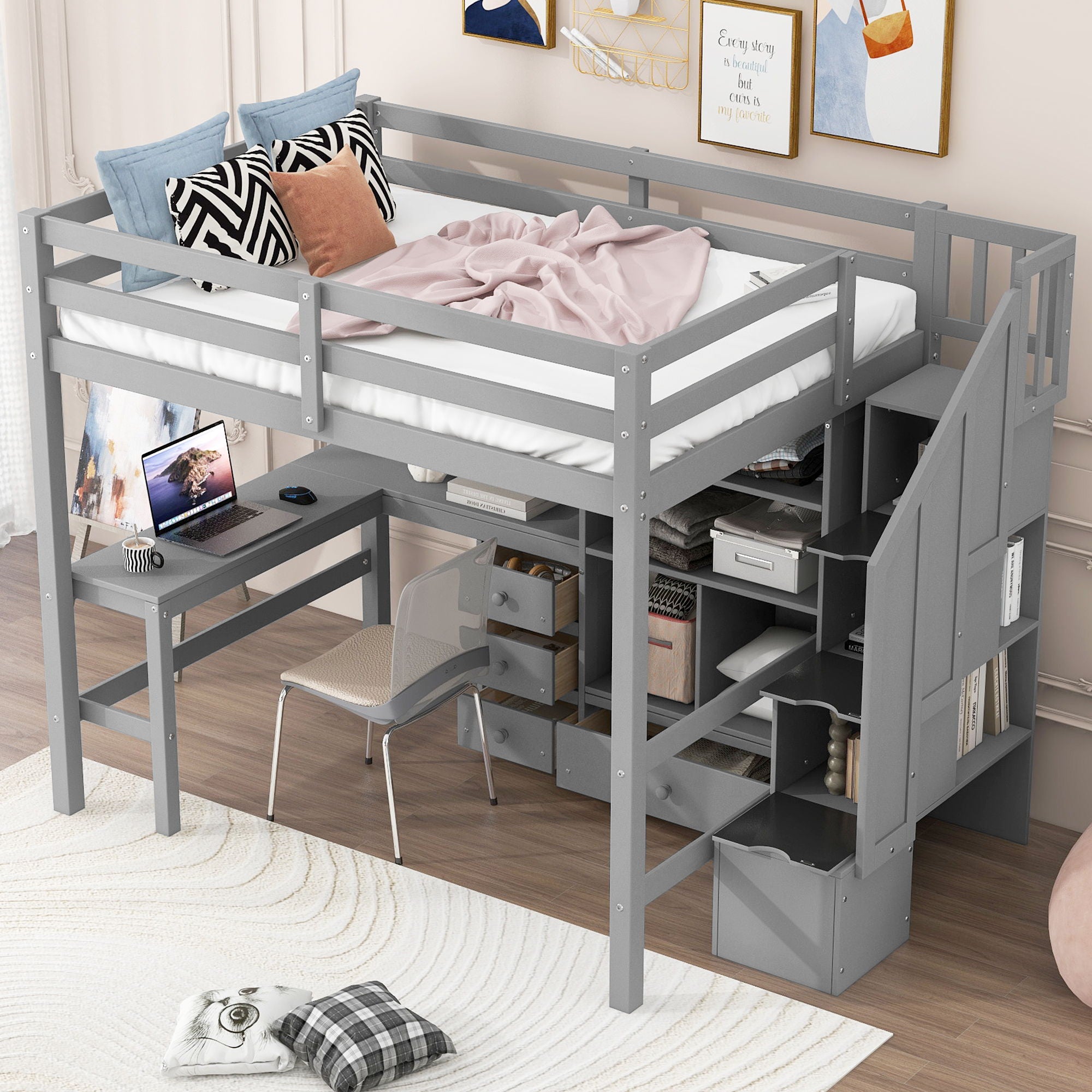 Loft Bed & L Shaped Desk, Drawers, Cabinet, And Storage Staircase