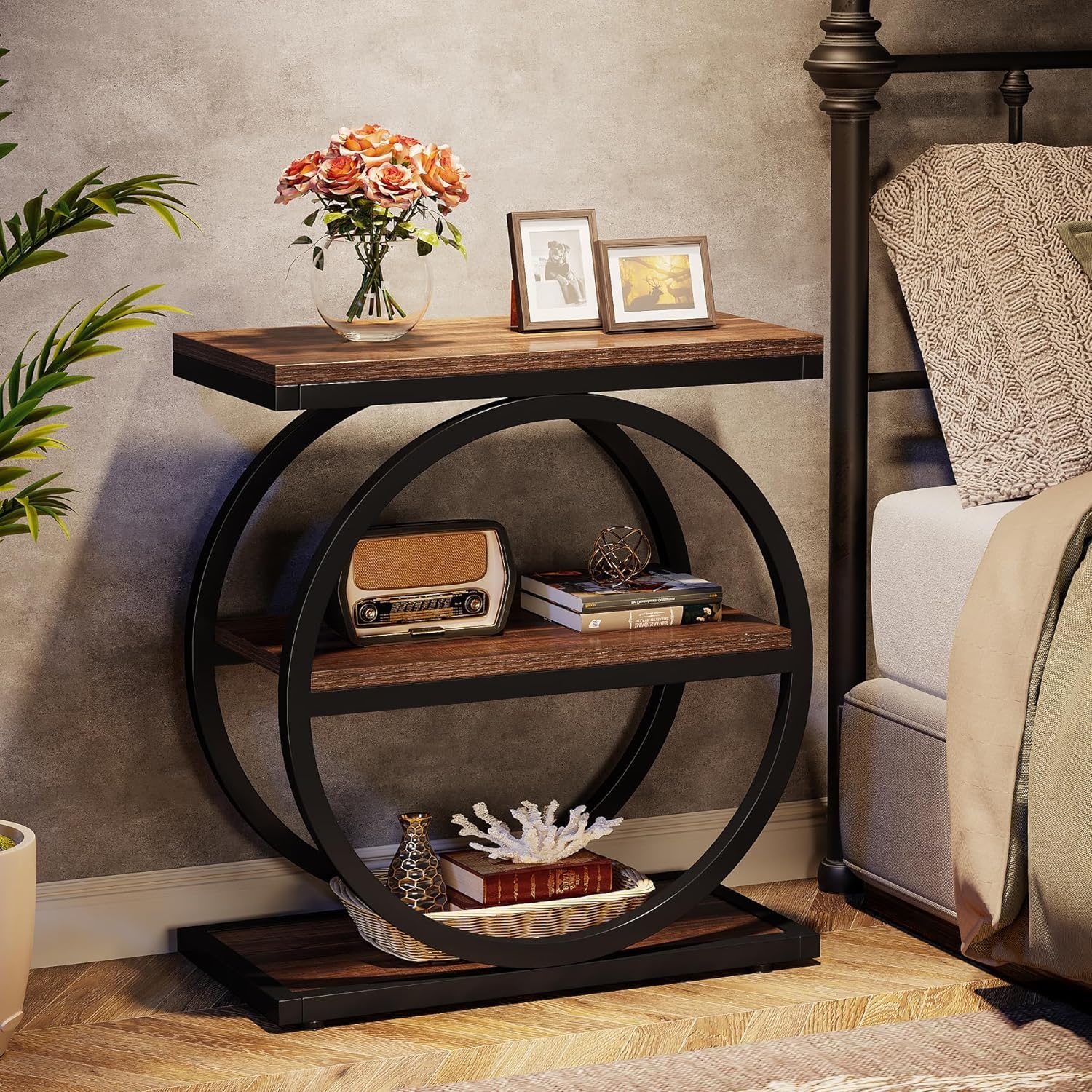 Industrial Narrow End Table With 3 Shelves
