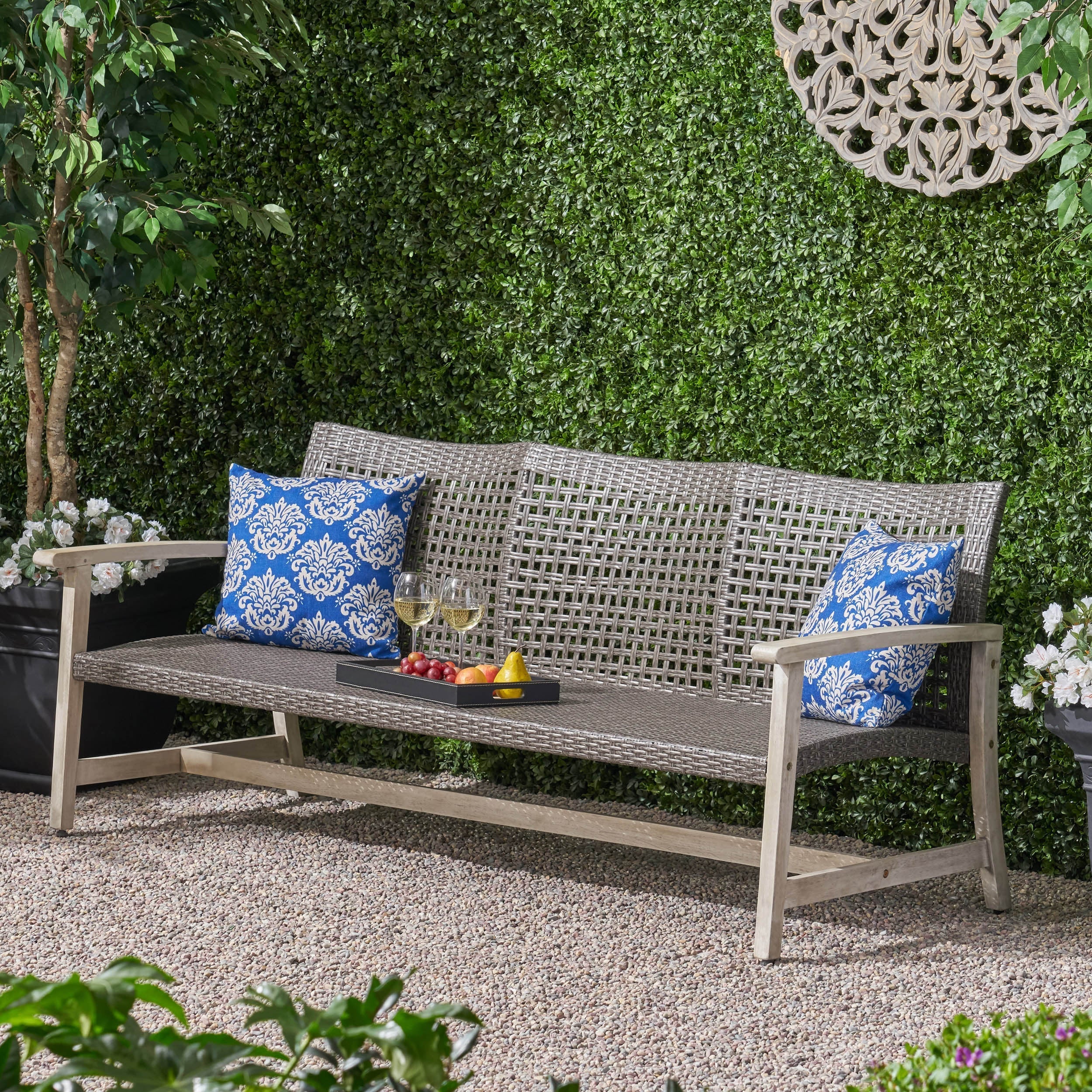 Outdoor Acacia Wood Wicker 3 Seater Sofa