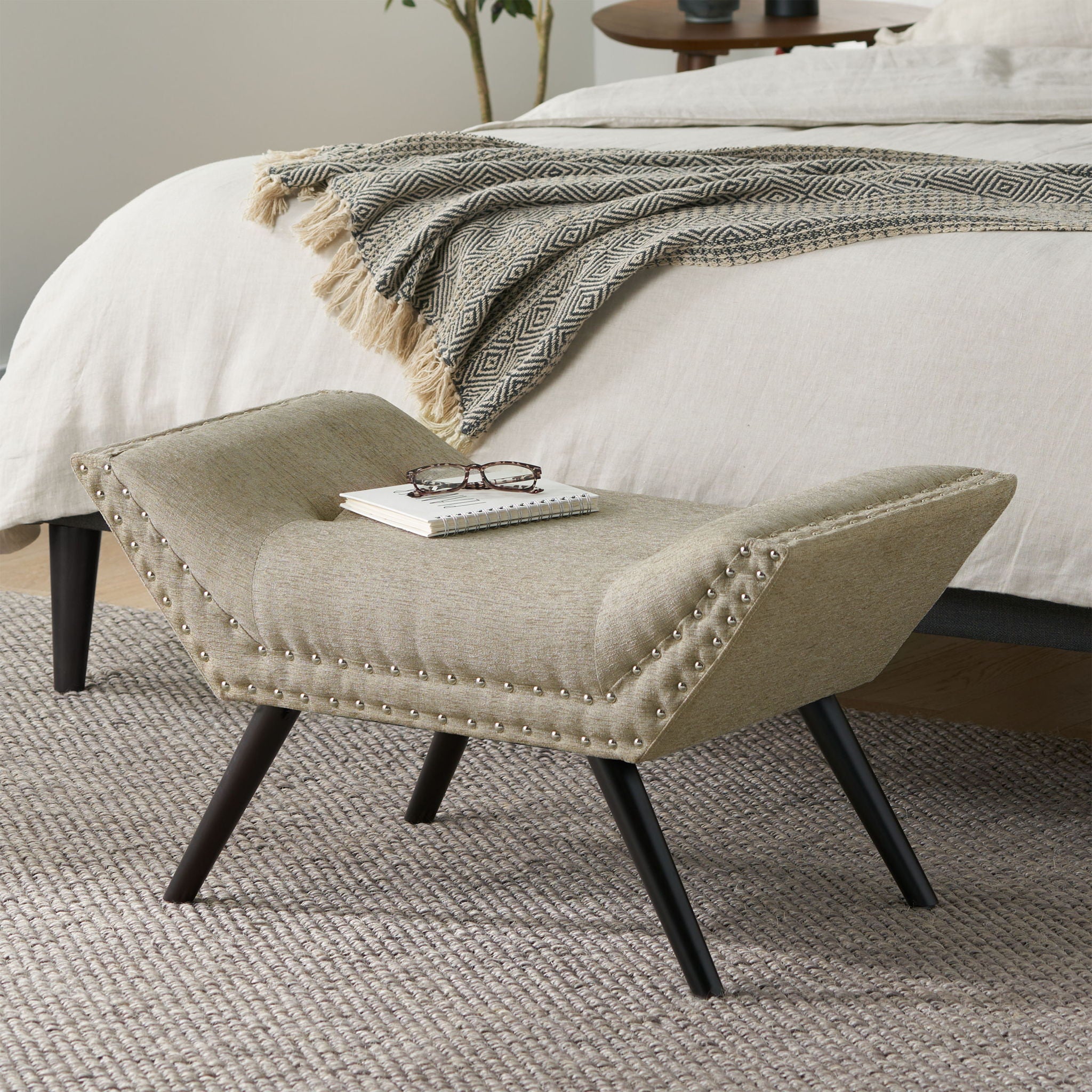 Hariata - Contemporary Fabric Tufted Ottoman Bench - Beige