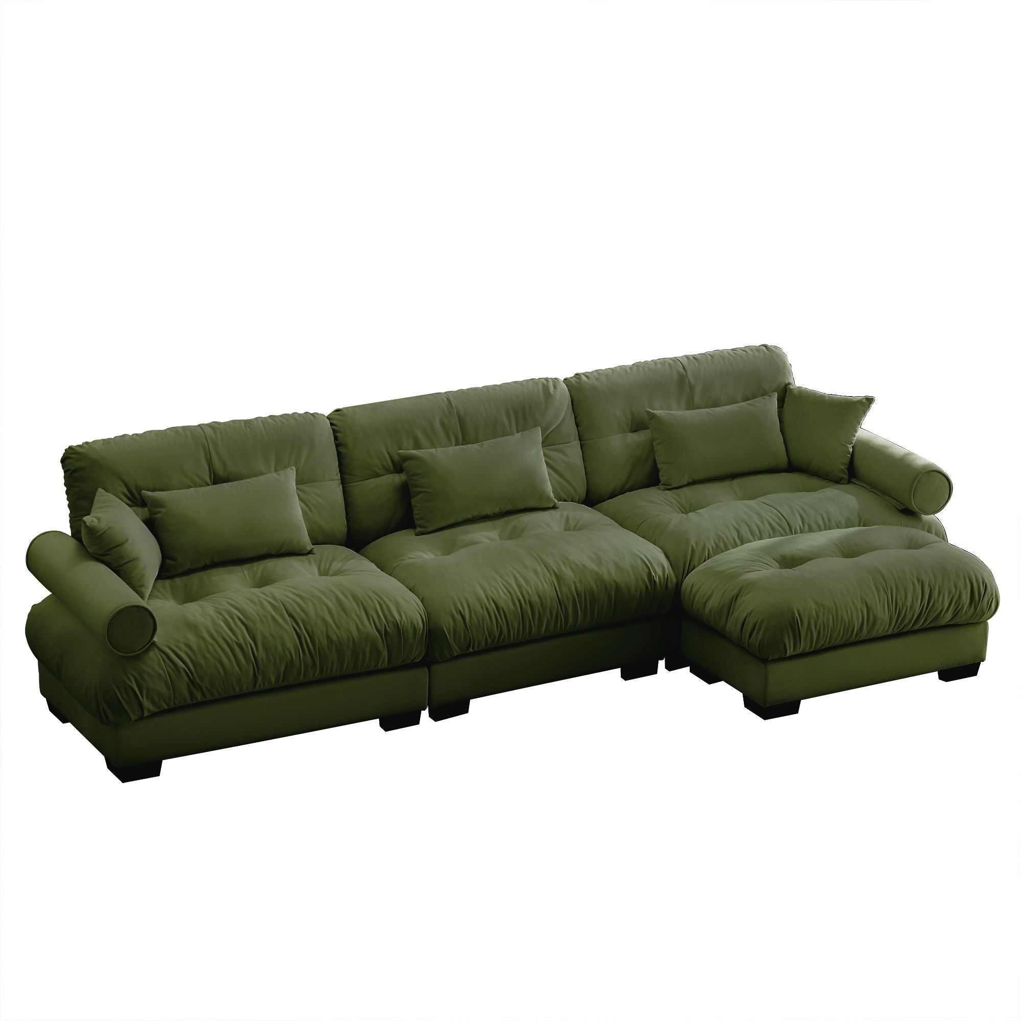 Modern Sectional Sofa With Ottoman, Round Bolster Armrests, Waist And Throw Pillows
