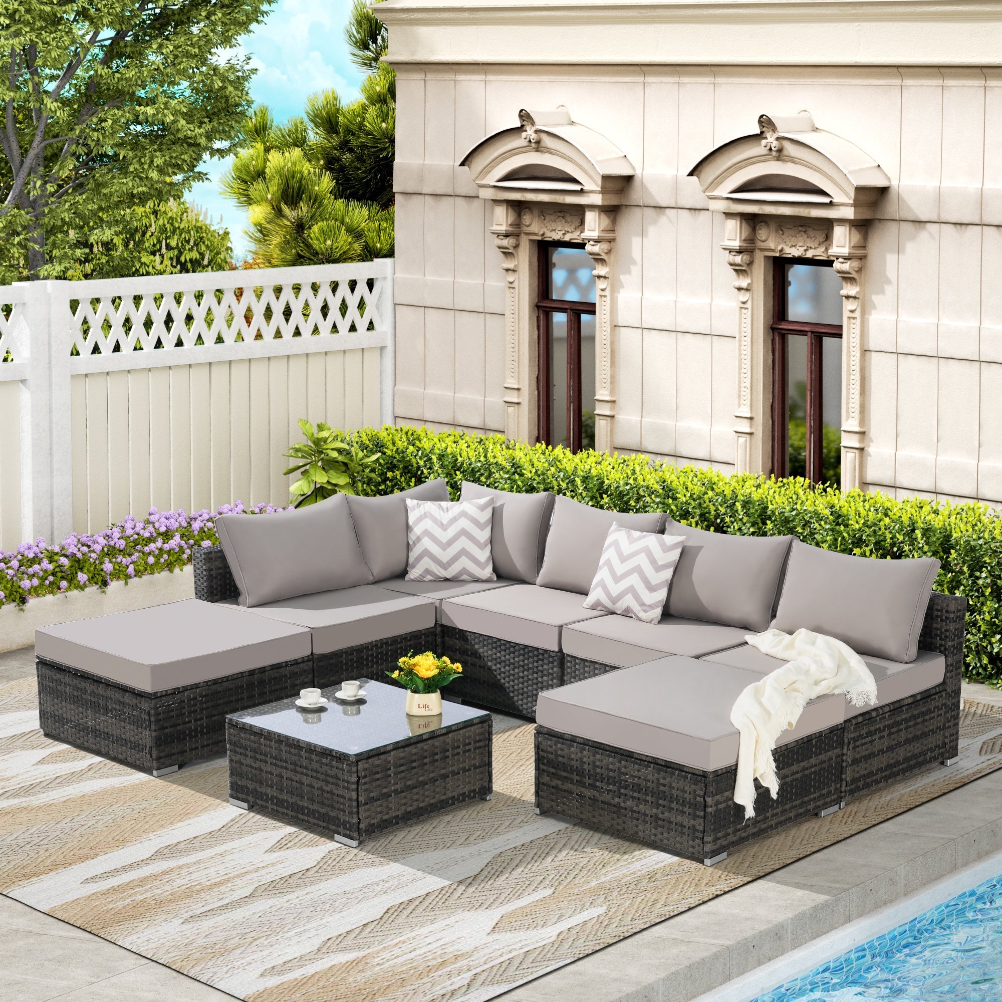 8 Pieces Outdoor Patio Sectional Sofa Couch,Wicker Furniture Conversation Sets with Washable Cushions & Glass Coffee Table for Garden, Poolside, Backyard