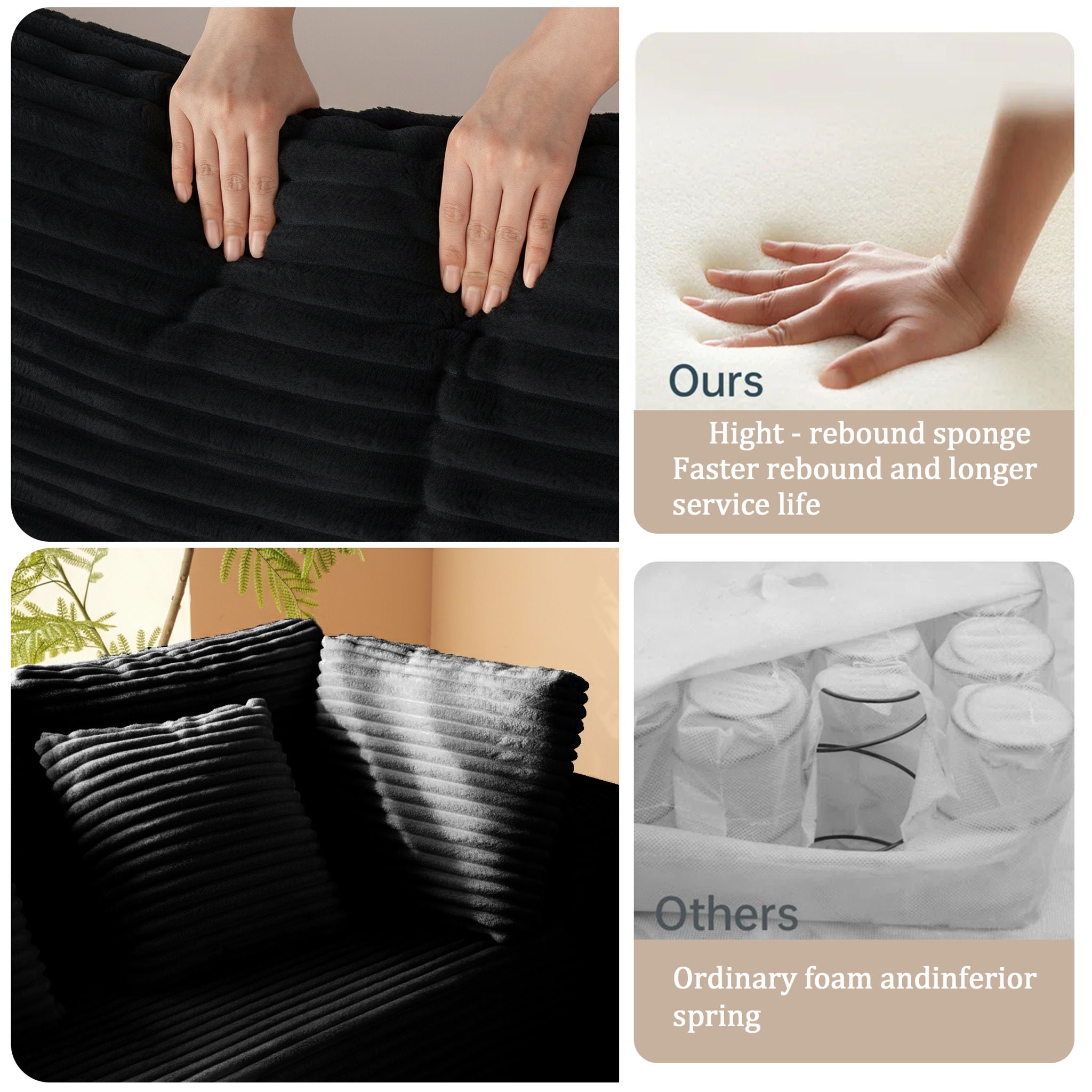 Modular U-Shaped Sectional Sofa, 6 Seater Chaise Lounge With Reversible Design - Black