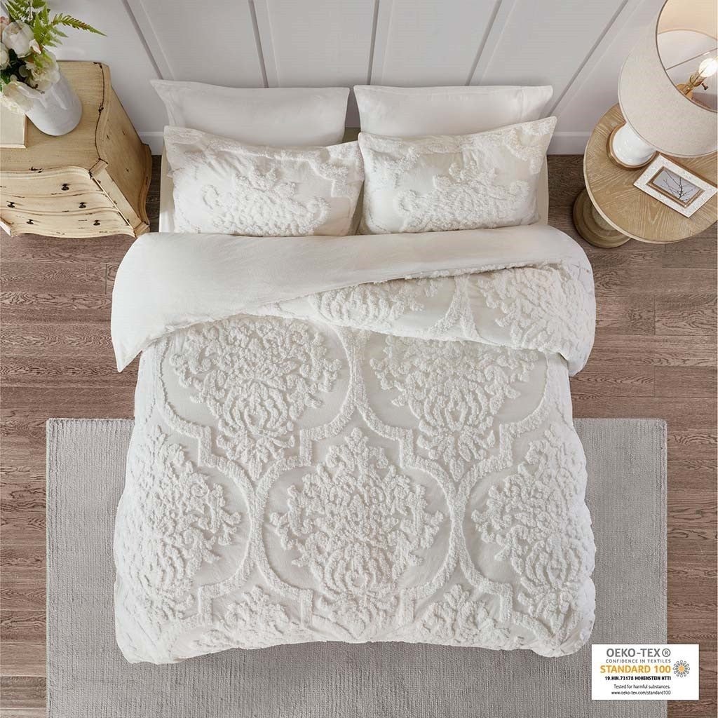 3 piece tufted cotton chenille damask duvet cover set king - off white - Tuesday Morning - Duvet Covers