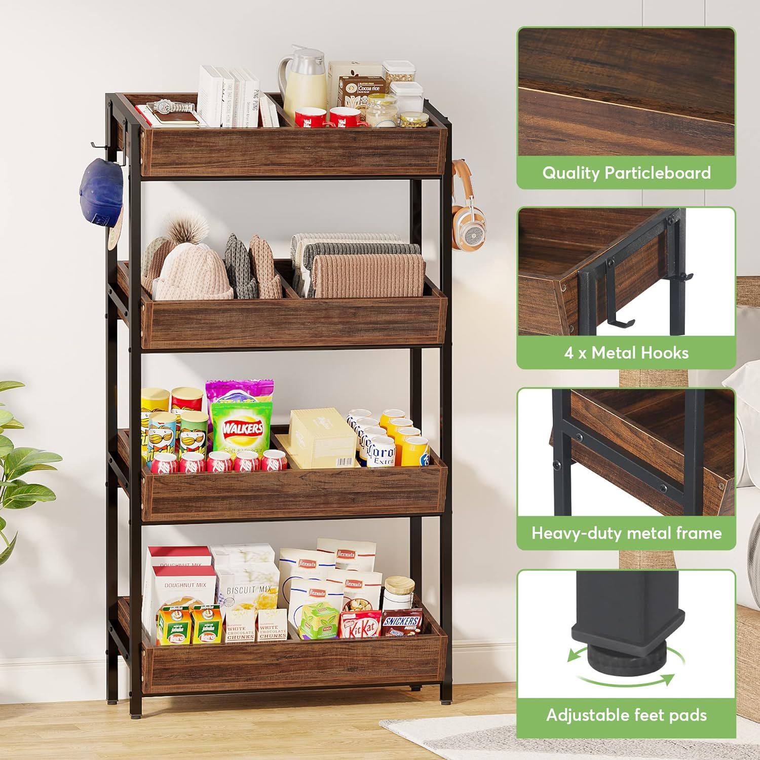 4 Tier Retail Display Rack With Hooks, Tall Metal Snack Stand With Shelves - Brown / Black