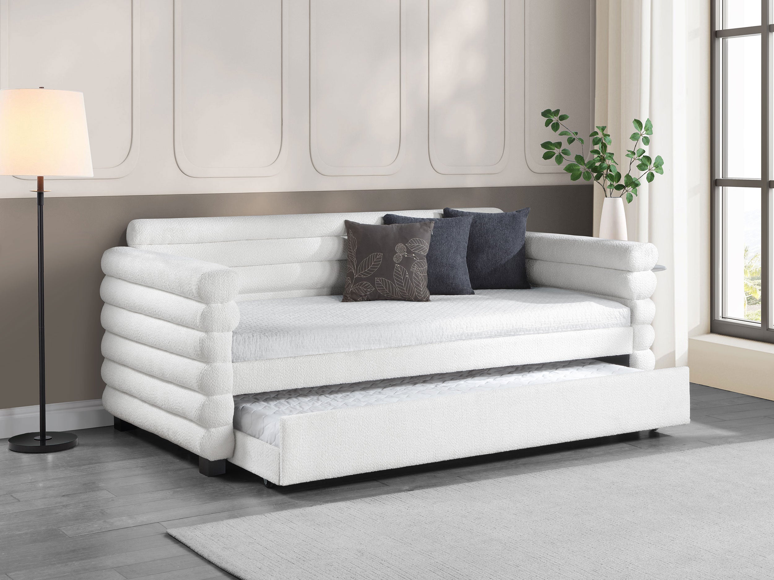 Patricia Boucle Upholstered Twin Day Bed with Trundle White-