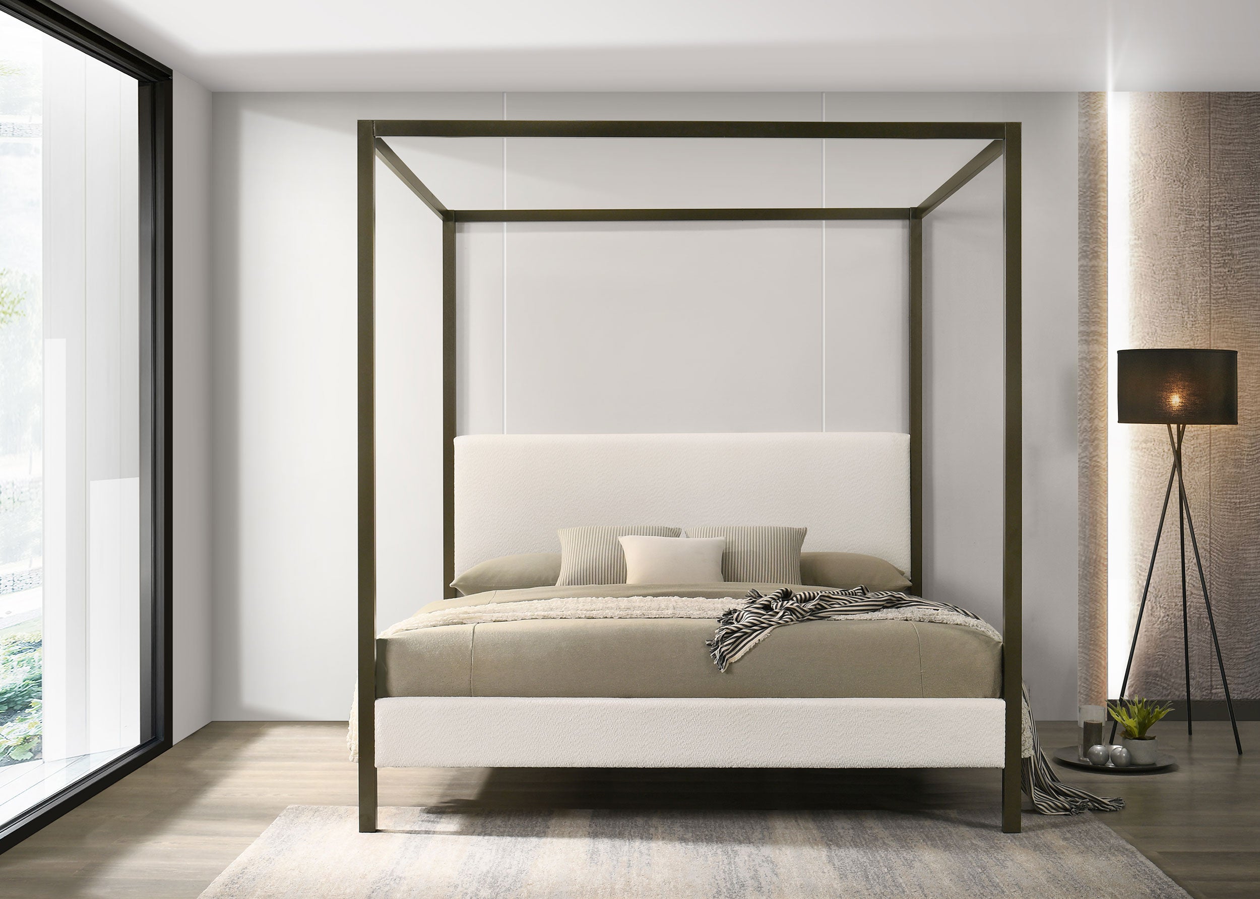 Monroe Upholstered Eastern King Canopy Bed Vanilla-