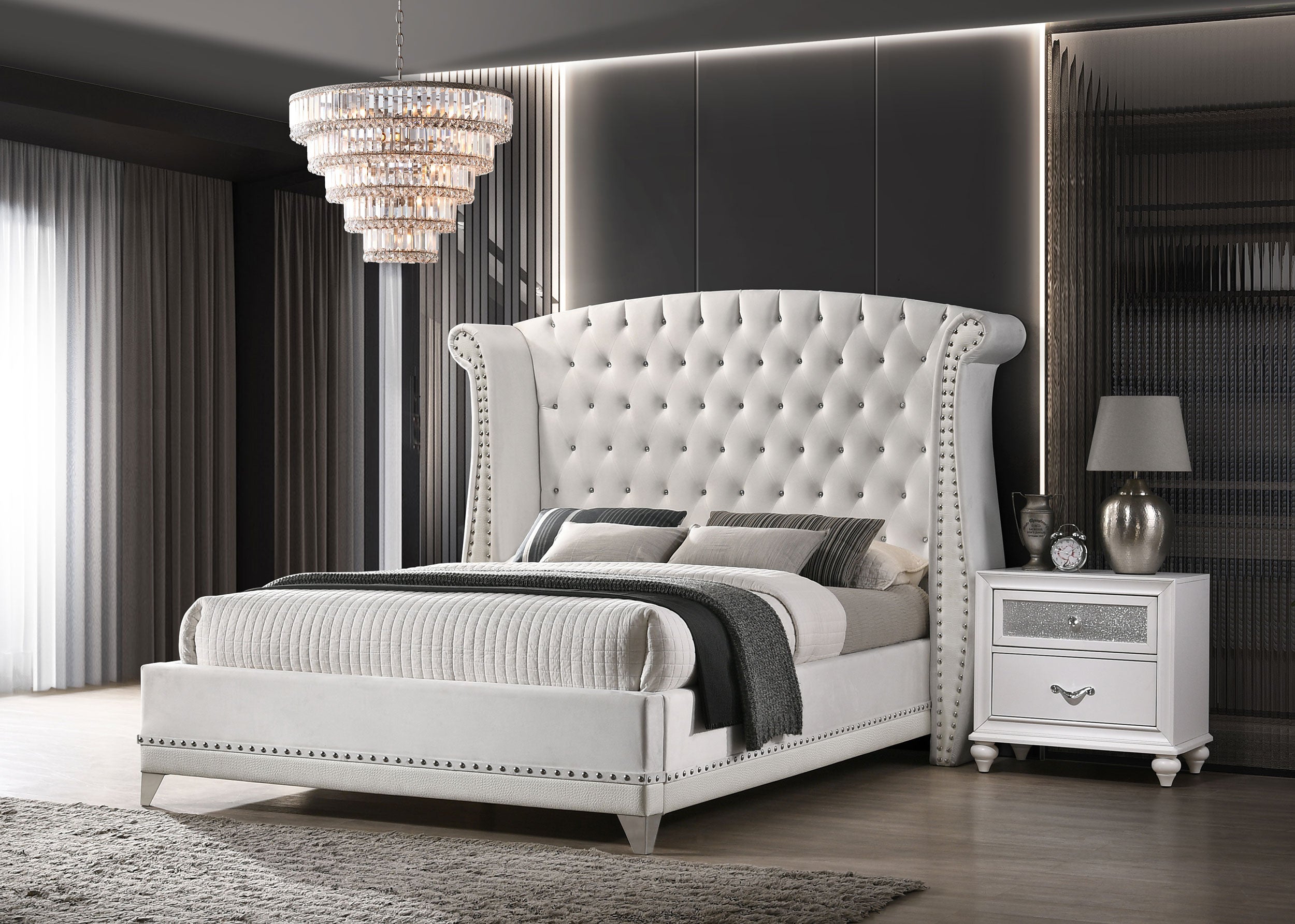 Barzini Upholstered Queen Wingback Bed White-CoasterEveryday