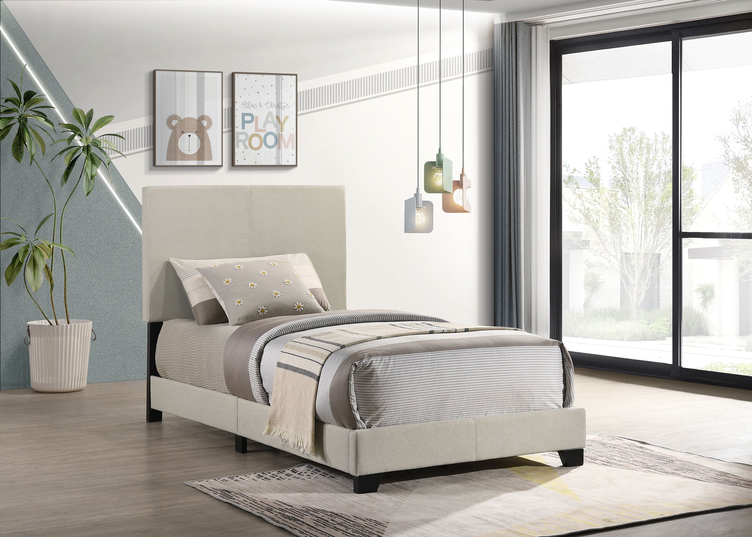 Dorian Fabric Upholstered Twin Panel Bed Cream-