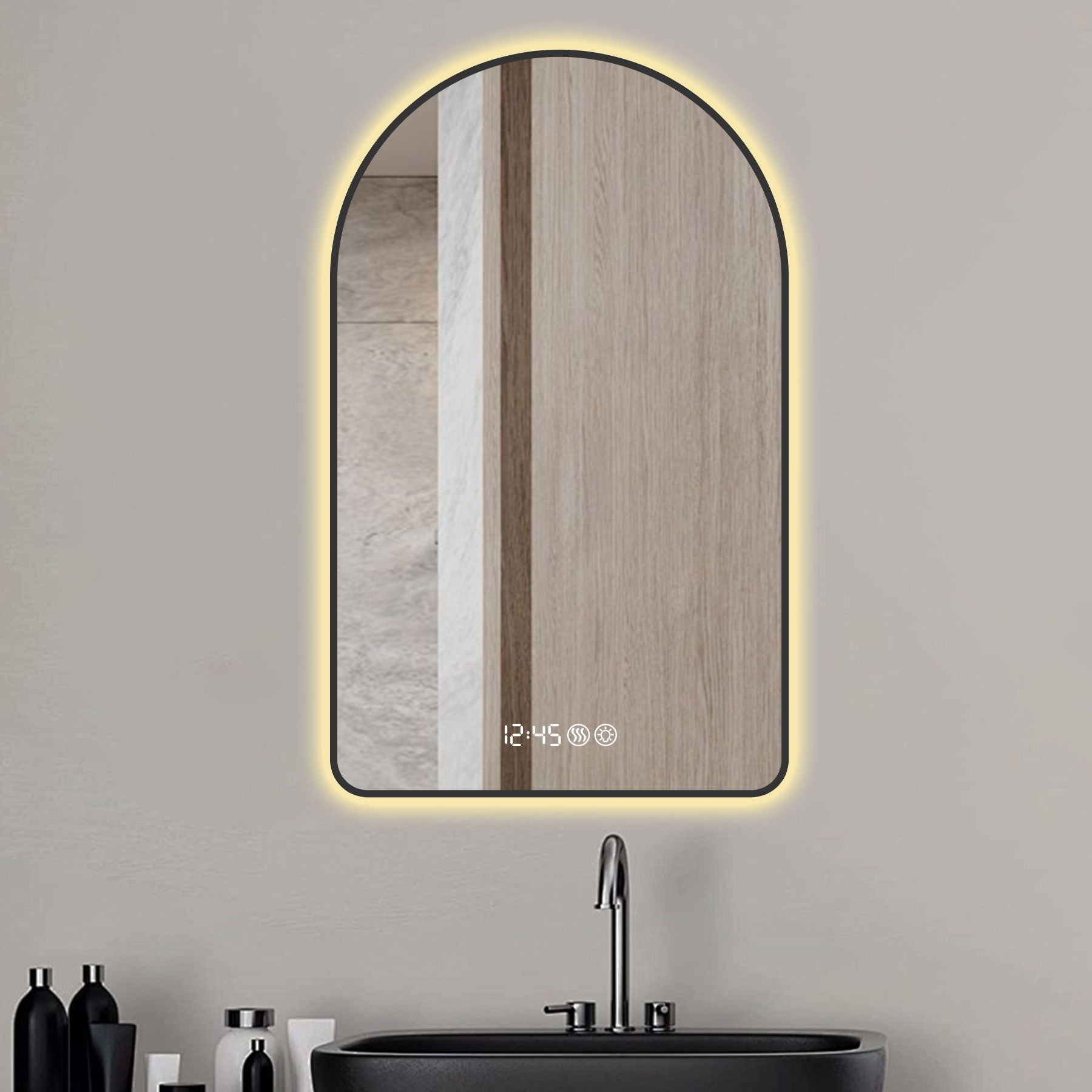 Modern Arched LED Bathroom Mirror With Time And Temperature Display, Anti Fog, Dimmable Light - Black - Best Buy Furniture