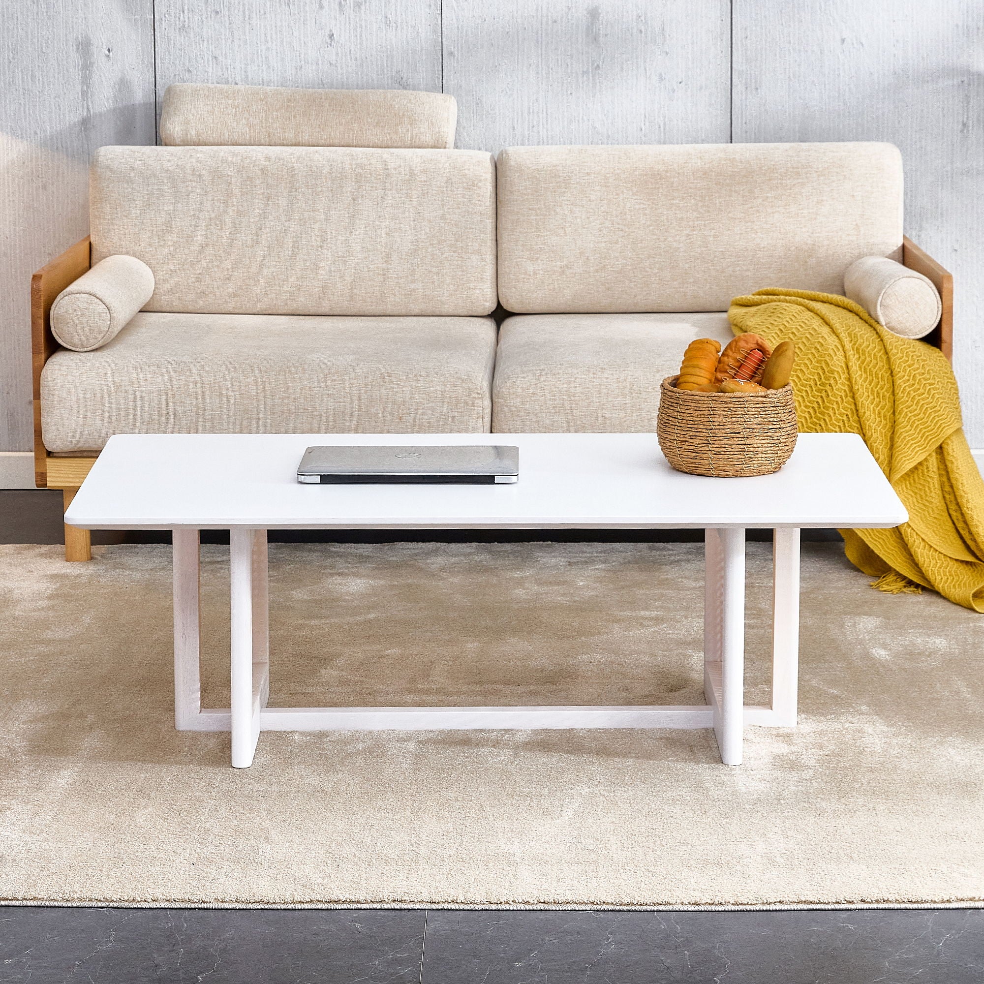 Chinese Style White Solid Wood And Imitation Rattan Coffee Table