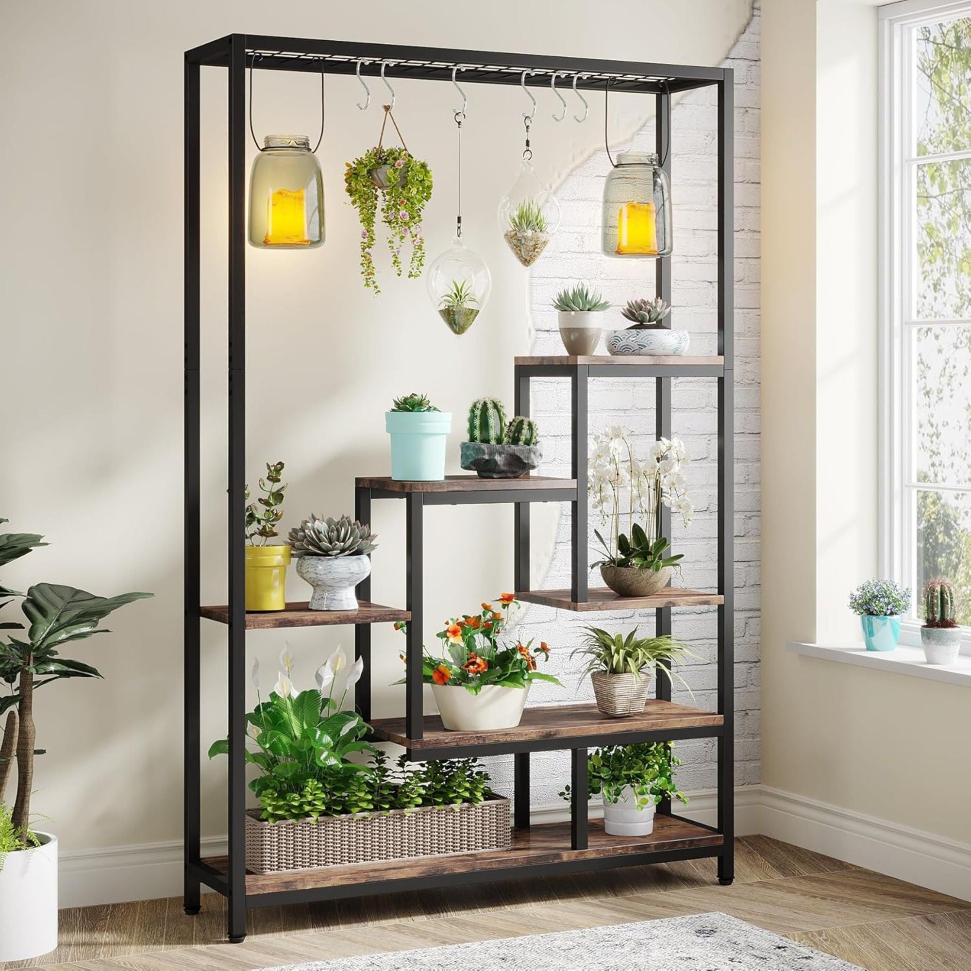 5 Tier Plant Stand With 6 Hooks For Living Room - Brown / Black