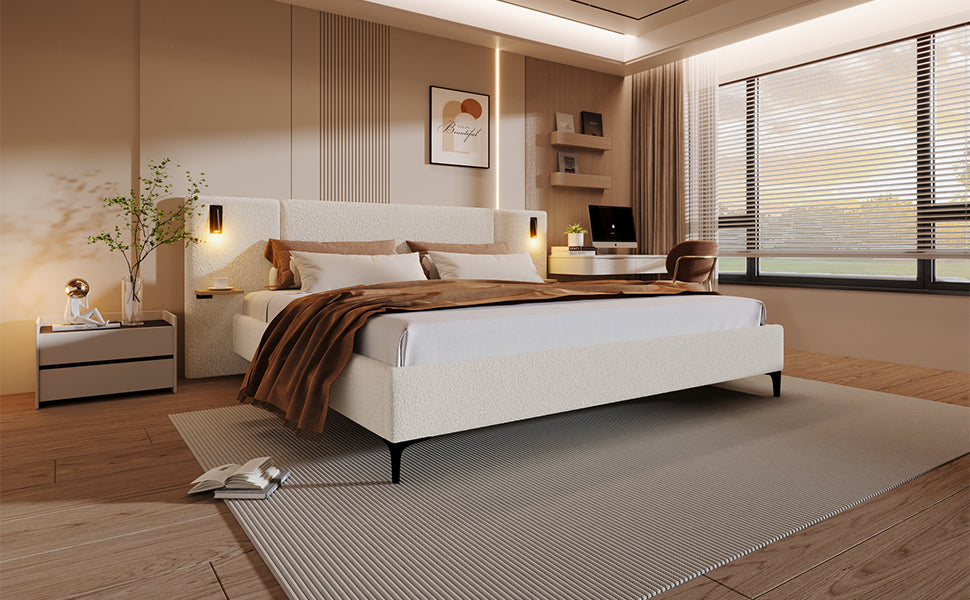 Chic Boucle Upholstered Bed with Integrated Lights and Shelves, White, King - Best Buy Furniture