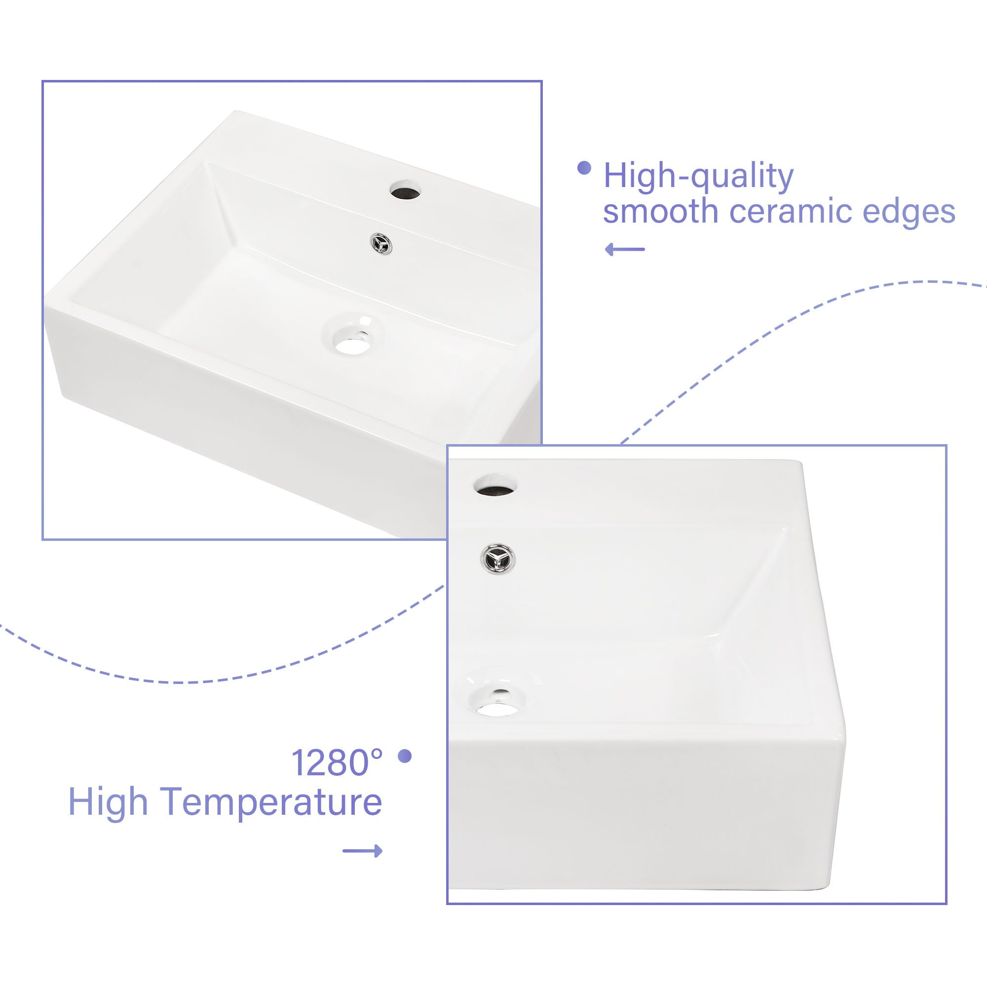 Modern Ceramic Rectangular Wall Mounted Bathroom Sink With Faucet Hole & Overflow