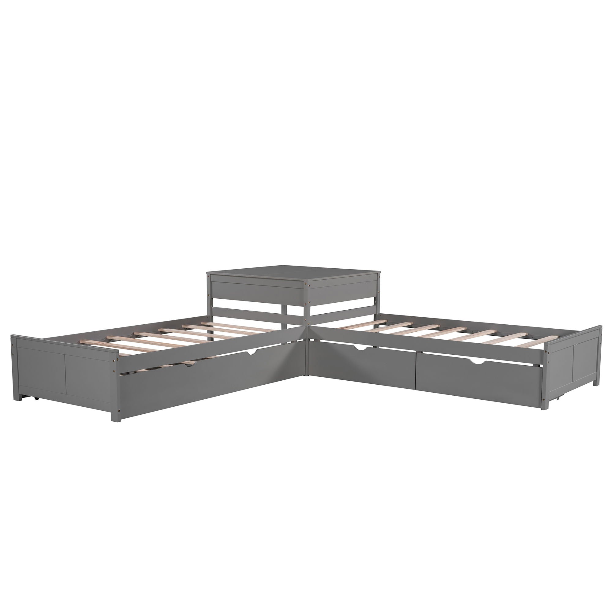 L Shaped Platform Bed With Trundle And Drawers Linked With Built In Desk