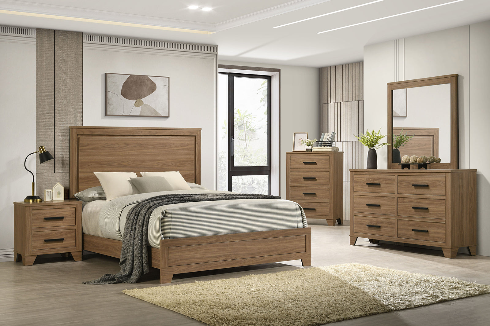 Walnut / Chestnut 3pc Queen Size Bedroom Set with Nightstands