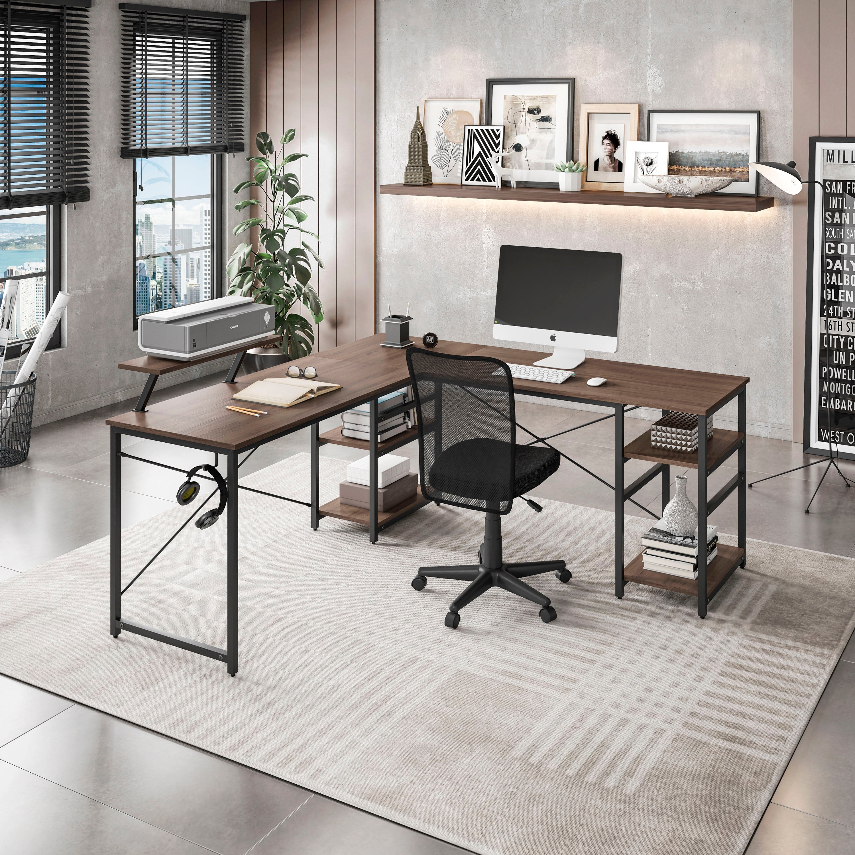 Techni Mobili L-Shape Industrial Desk with storage shelves, Walnut
