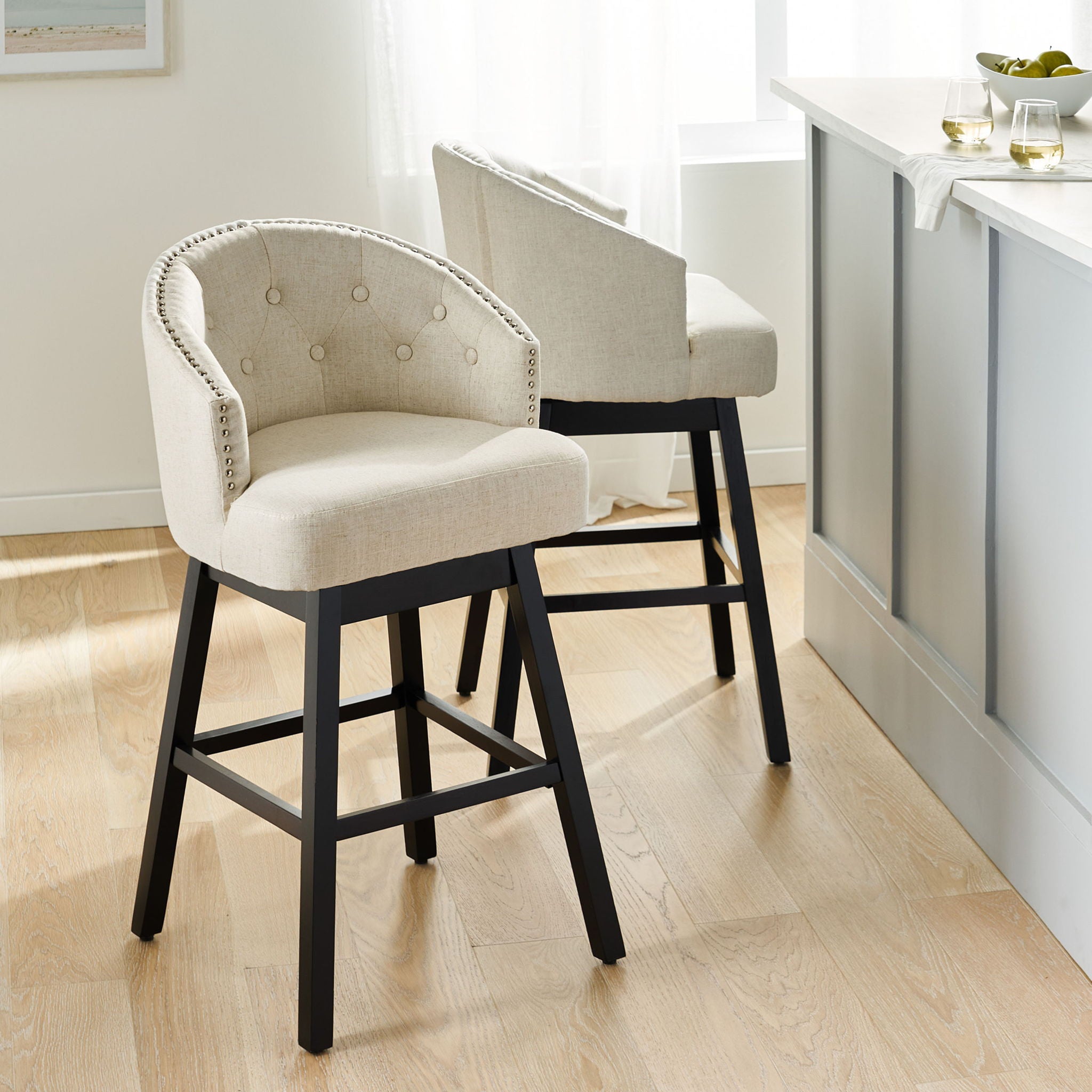 Mellifluous - 360 Degree Swivel Bar Stool With Stunning Nailhead Trim, (Set of 2)