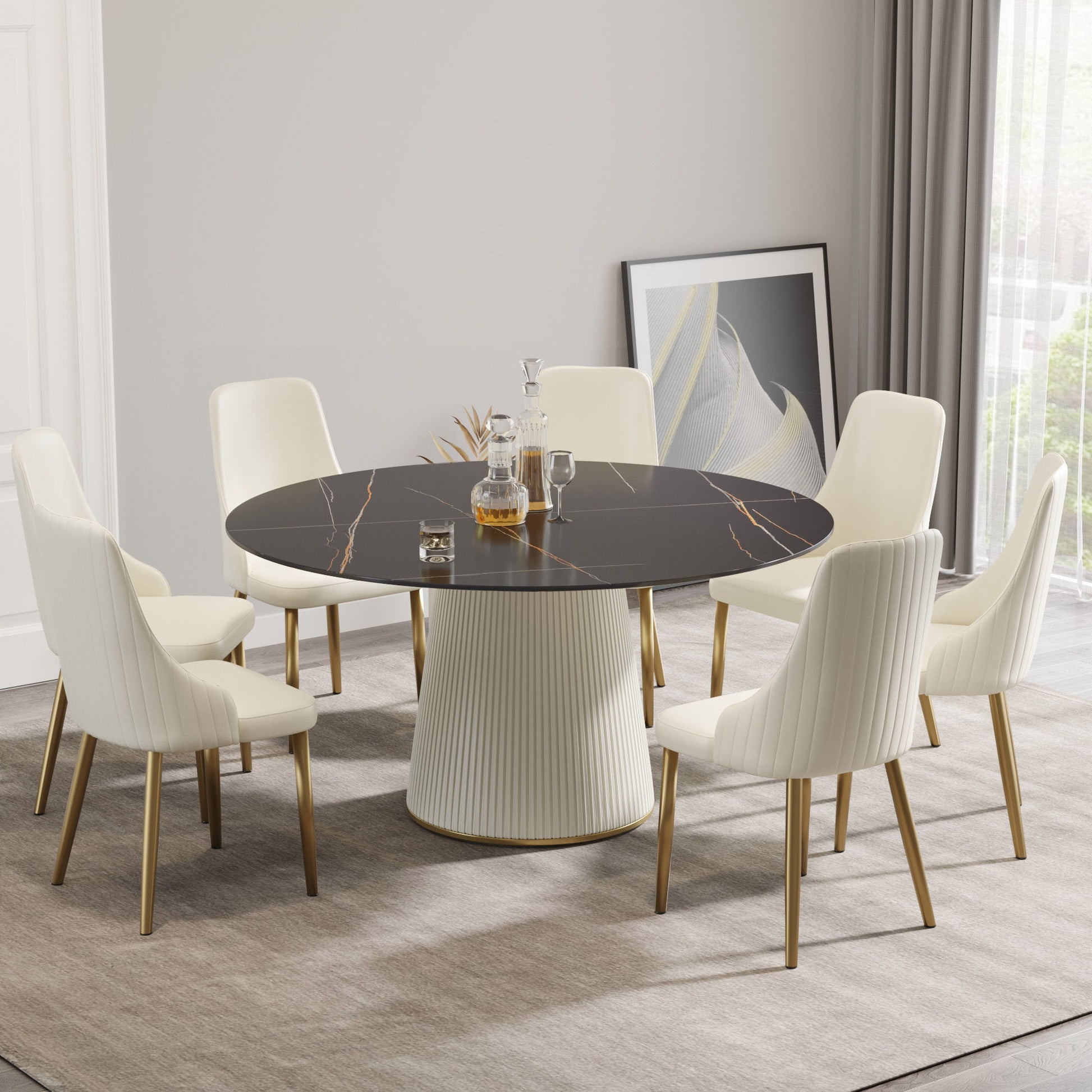 Modern Artificial Stone Round Plywood Base Dining Table, Can Accommodate 8 People, (Not Including Chairs) - Black / Beige - Best Buy Furniture