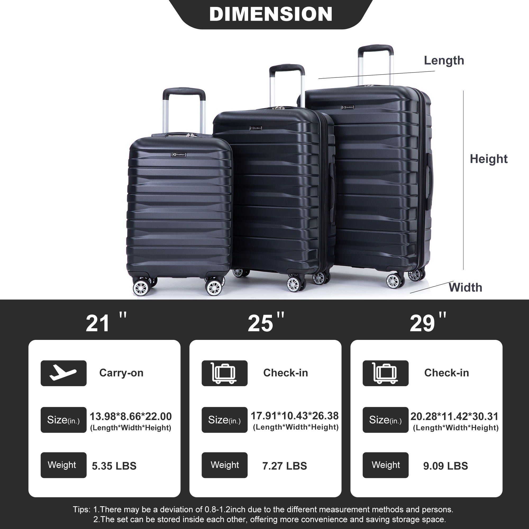 3 Piece Luggage Sets Lightweight & Durable Expandable Suitcase With Two Hooks