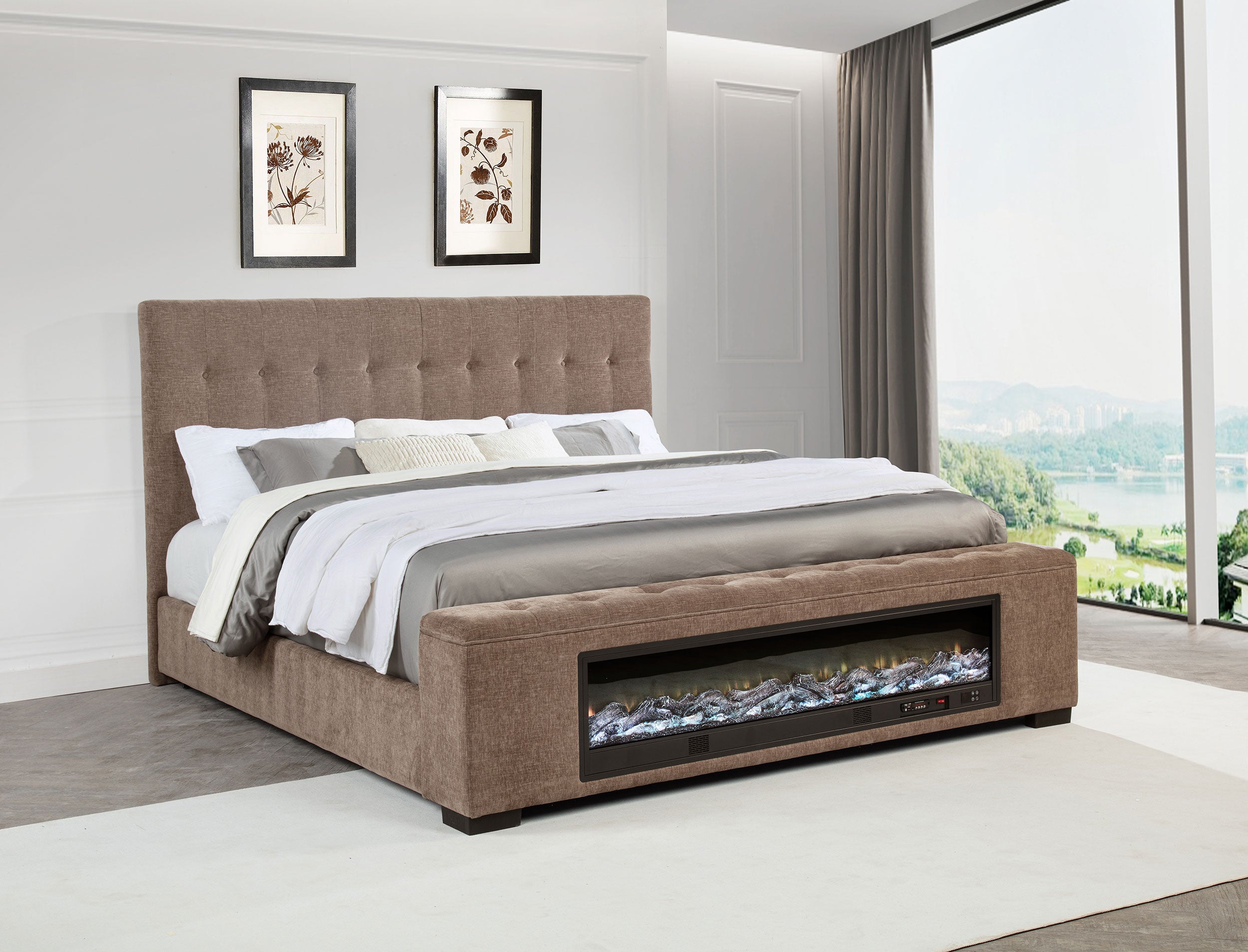 Senna Upholstered Eastern King Audio Flame Visualizer Bed Brown-