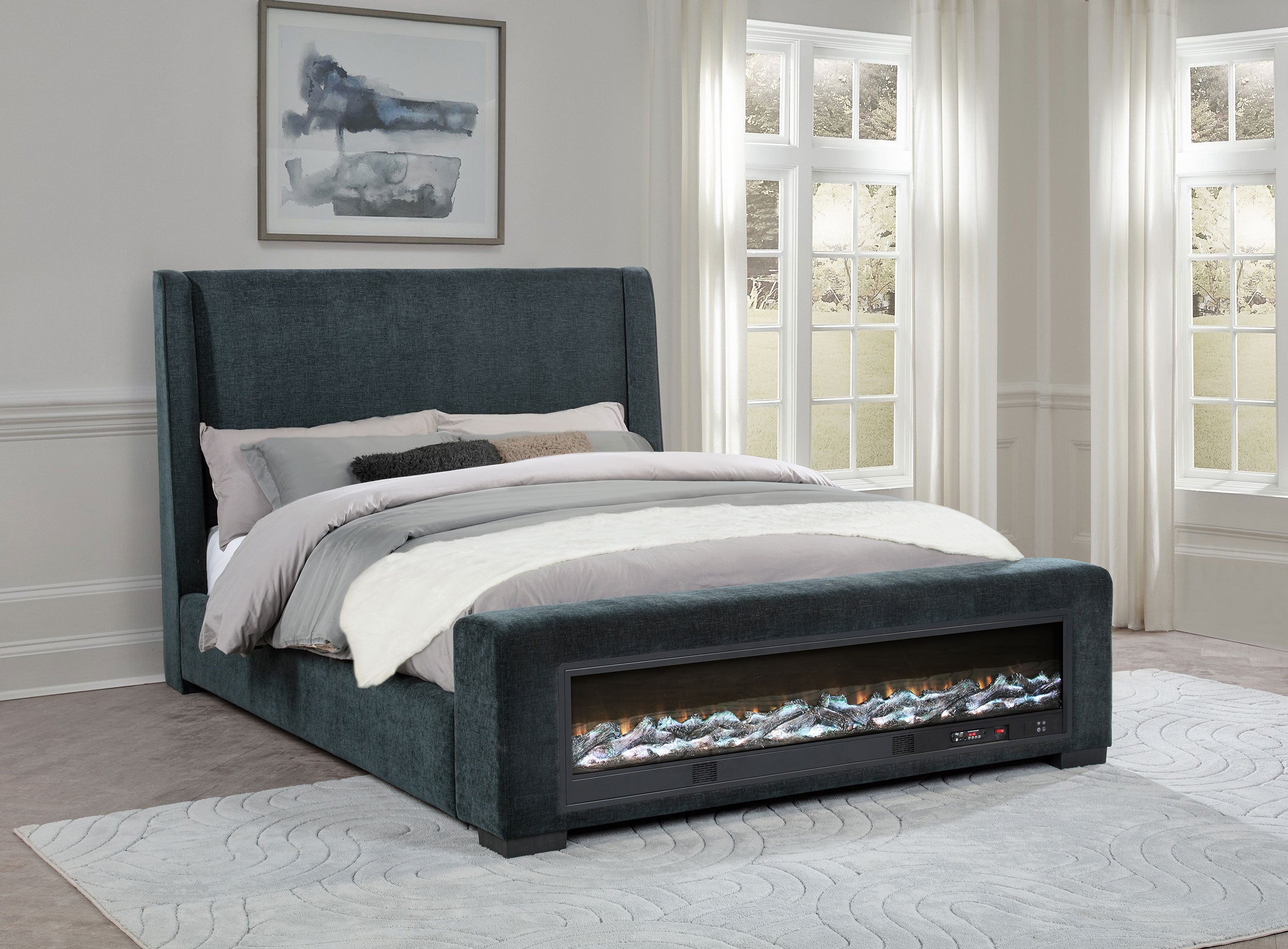 Preston Upholstered Queen Audio Flame Visualizer Bed Dark Blue-