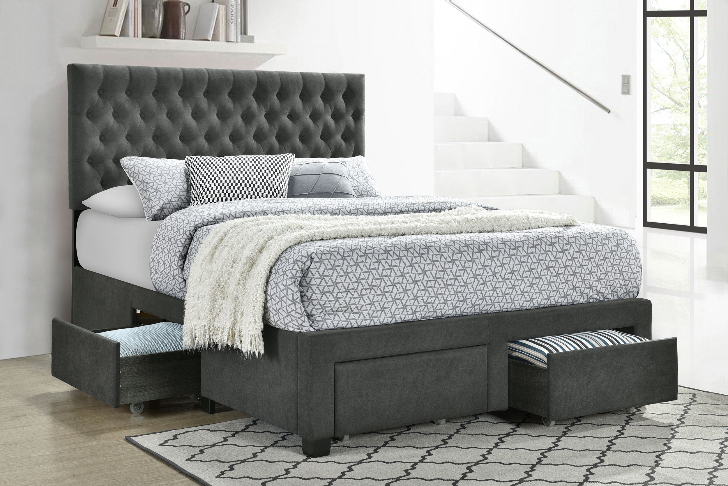 Soledad Upholstered Queen Storage Panel Bed Grey-CoasterEssence