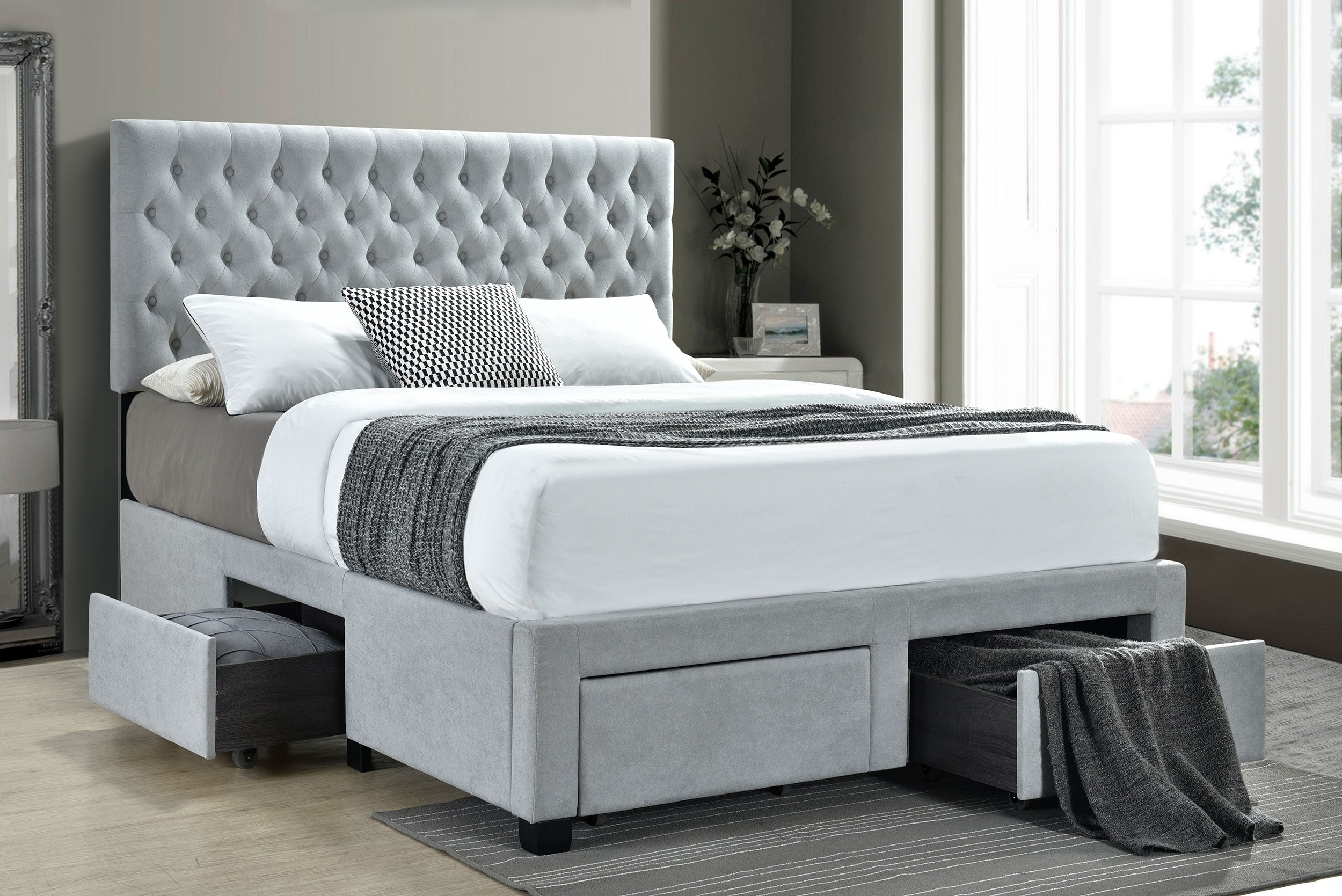 Soledad Upholstered Queen Storage Panel Bed Light Grey-CoasterEssence
