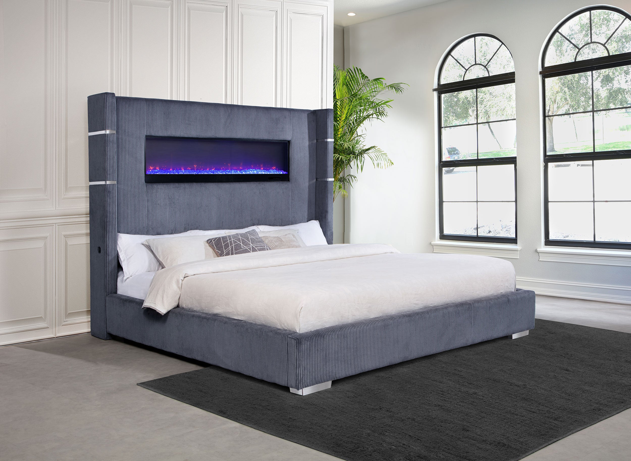 Tisdall Upholstered Eastern King Flame Visualizer Bed Grey-