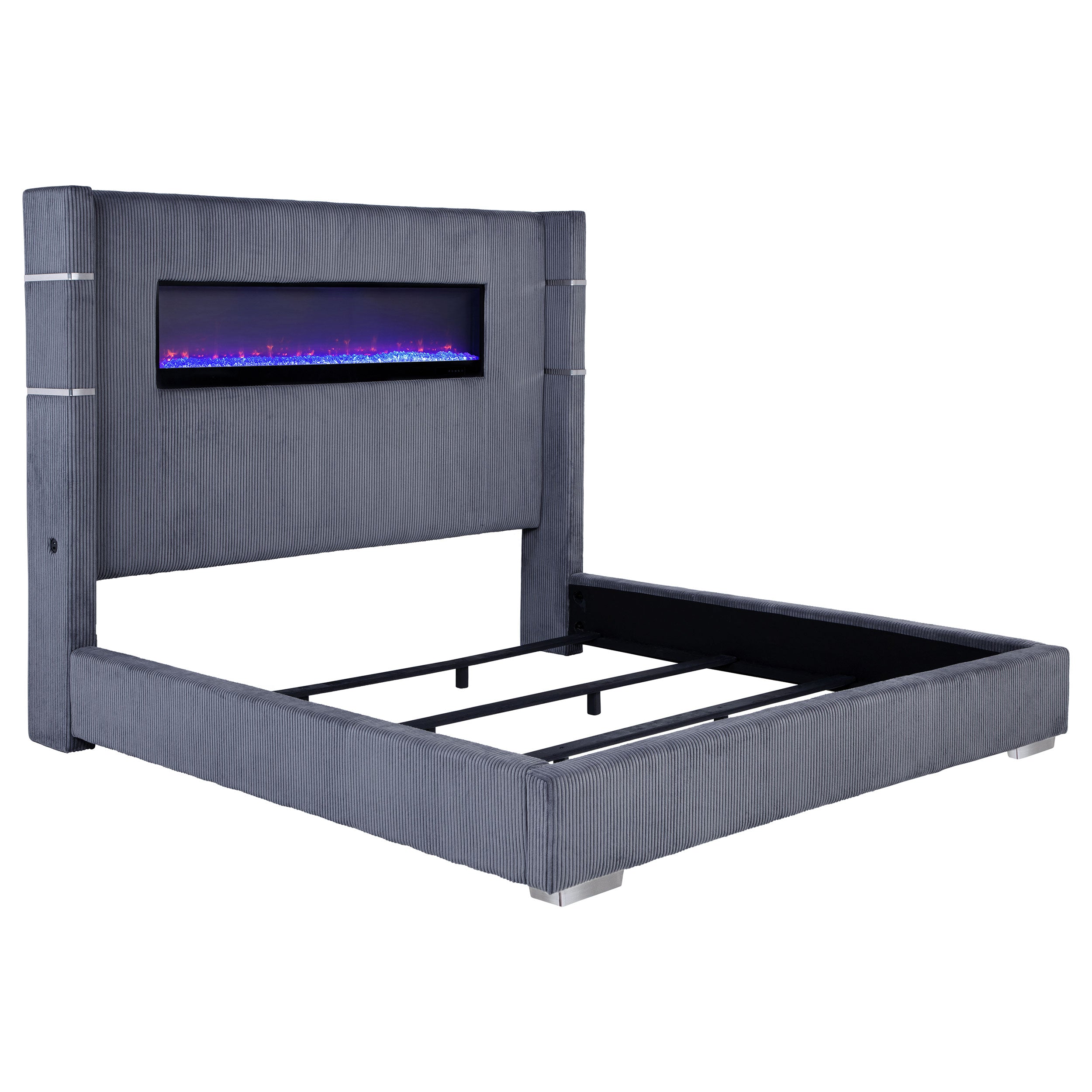 Tisdall Upholstered Eastern King Flame Visualizer Bed Grey-
