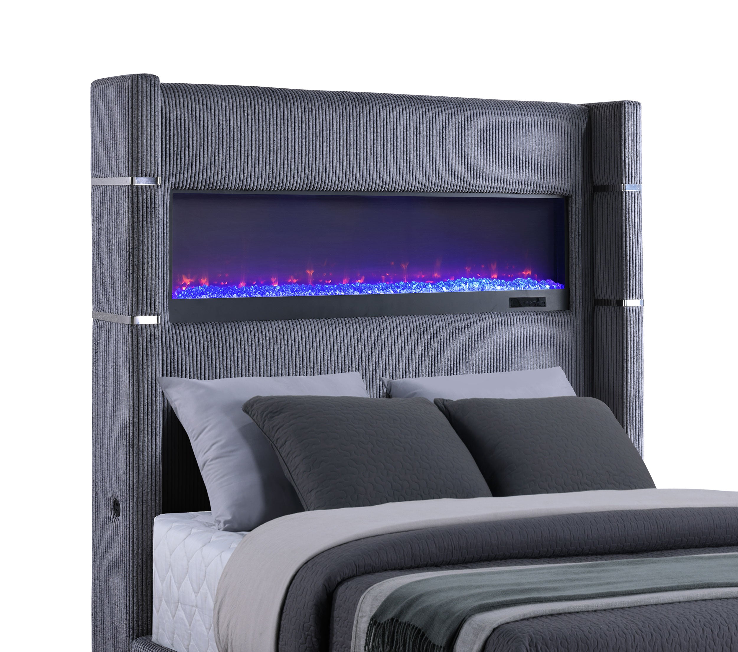 Tisdall Upholstered Eastern King Flame Visualizer Bed Grey-