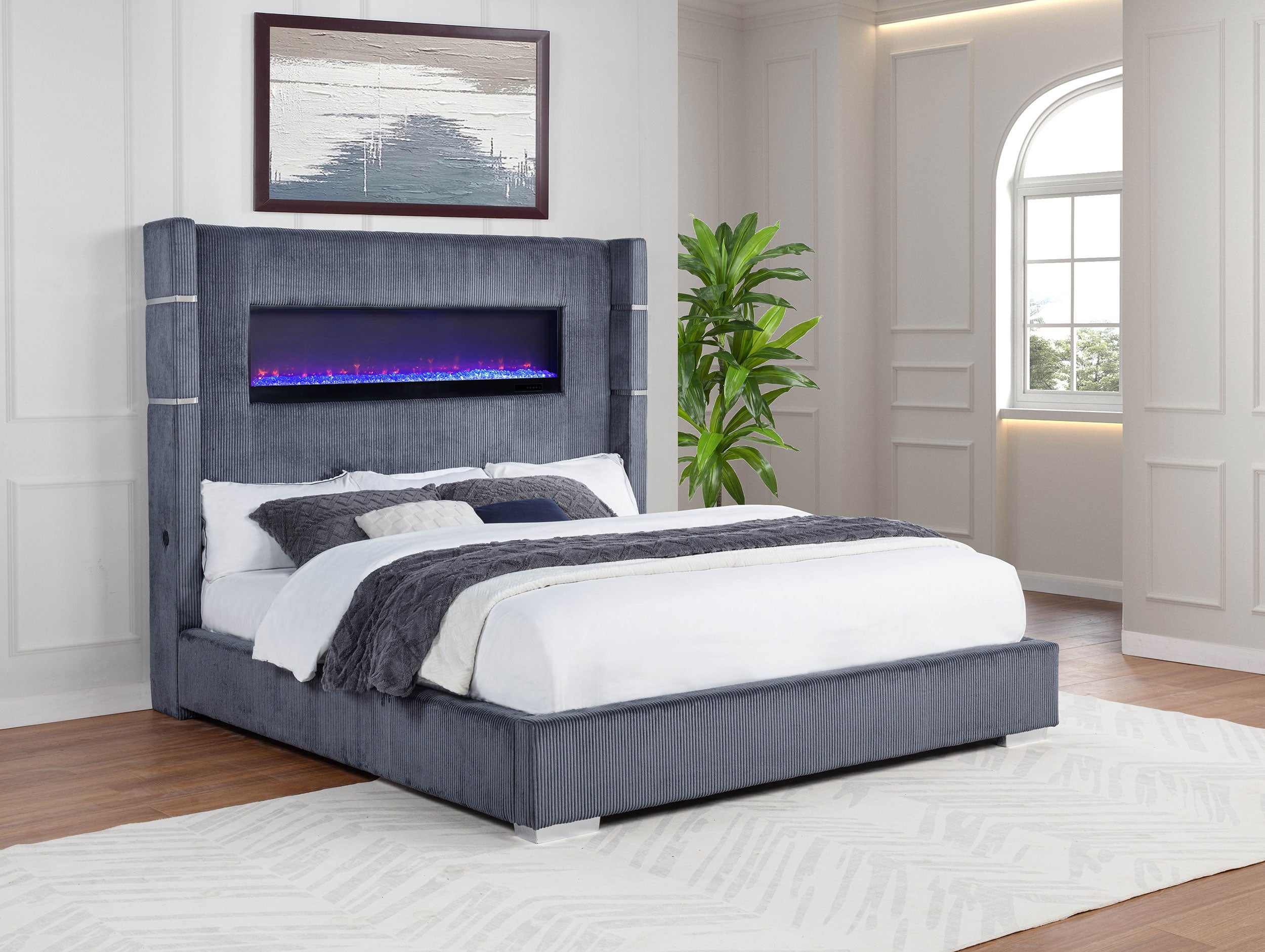 Tisdall Upholstered Cal King Flame Visualizer Bed Grey-