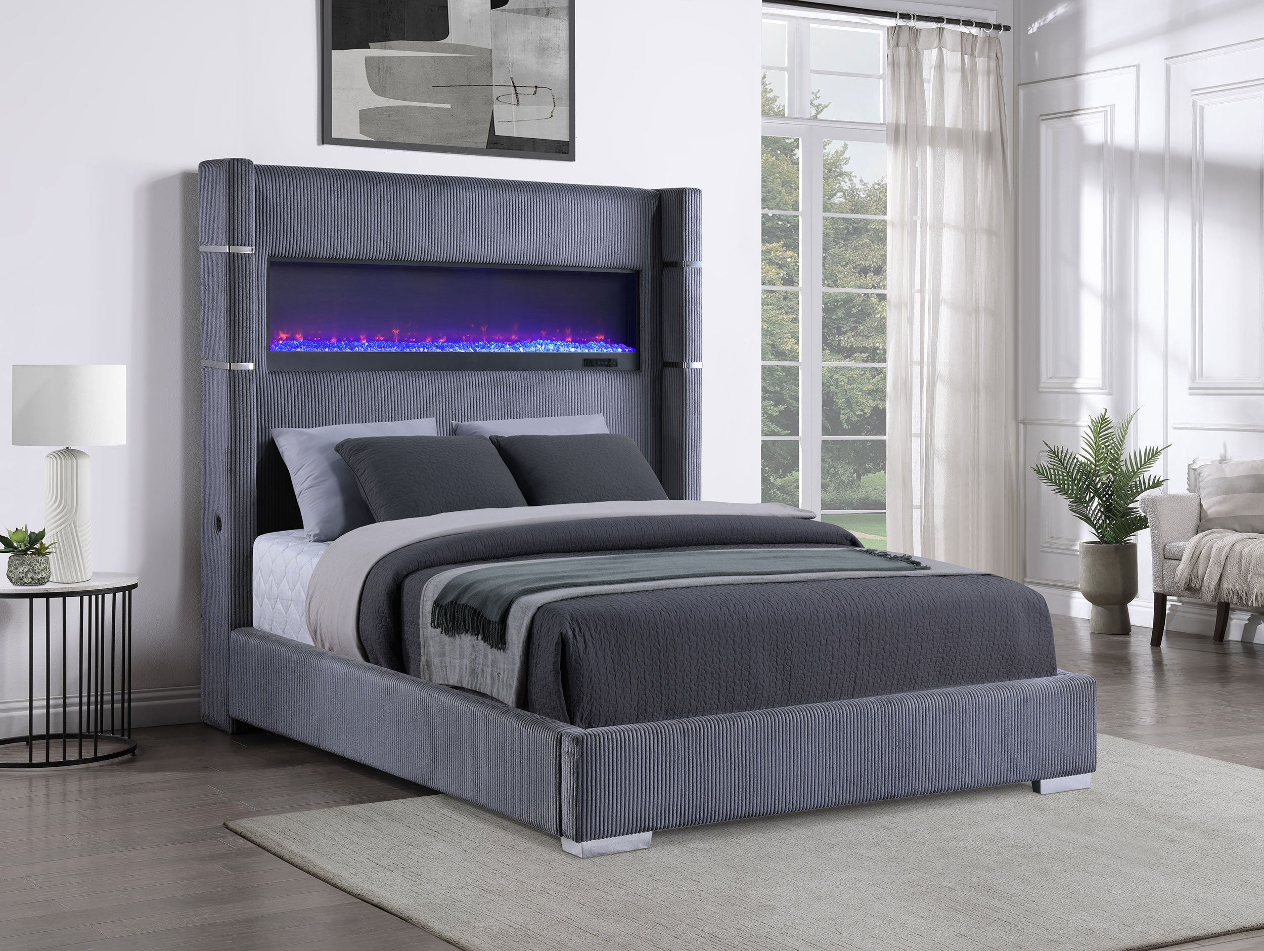 Tisdall Upholstered Queen Flame Visualizer Bed Grey-