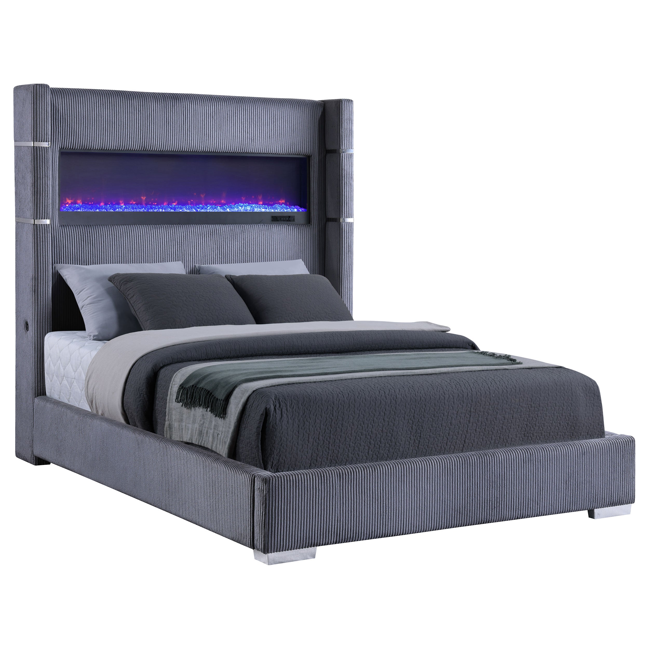 Tisdall Upholstered Queen Flame Visualizer Bed Grey-