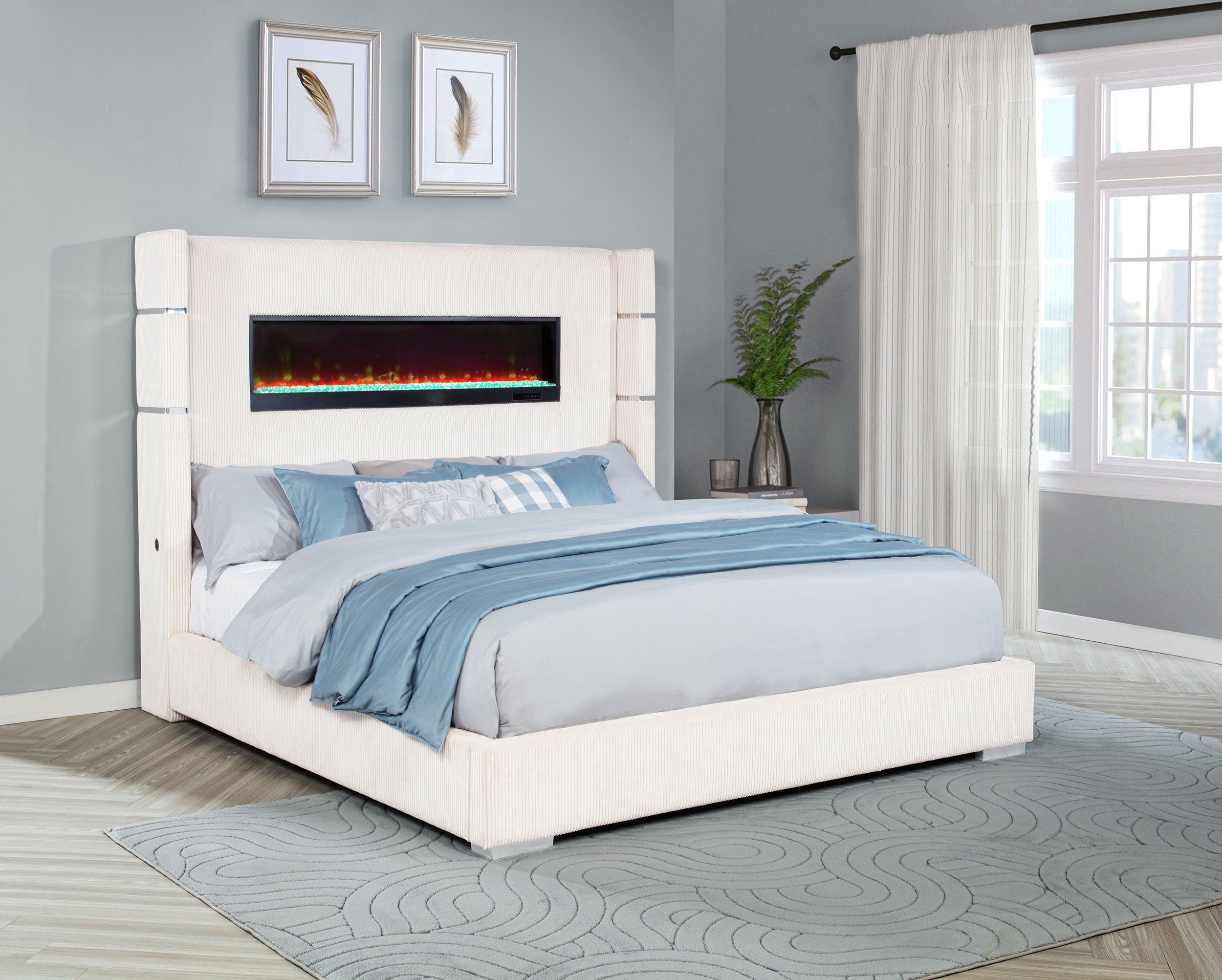 Tisdall Upholstered Eastern King Flame Visualizer Bed Cream-
