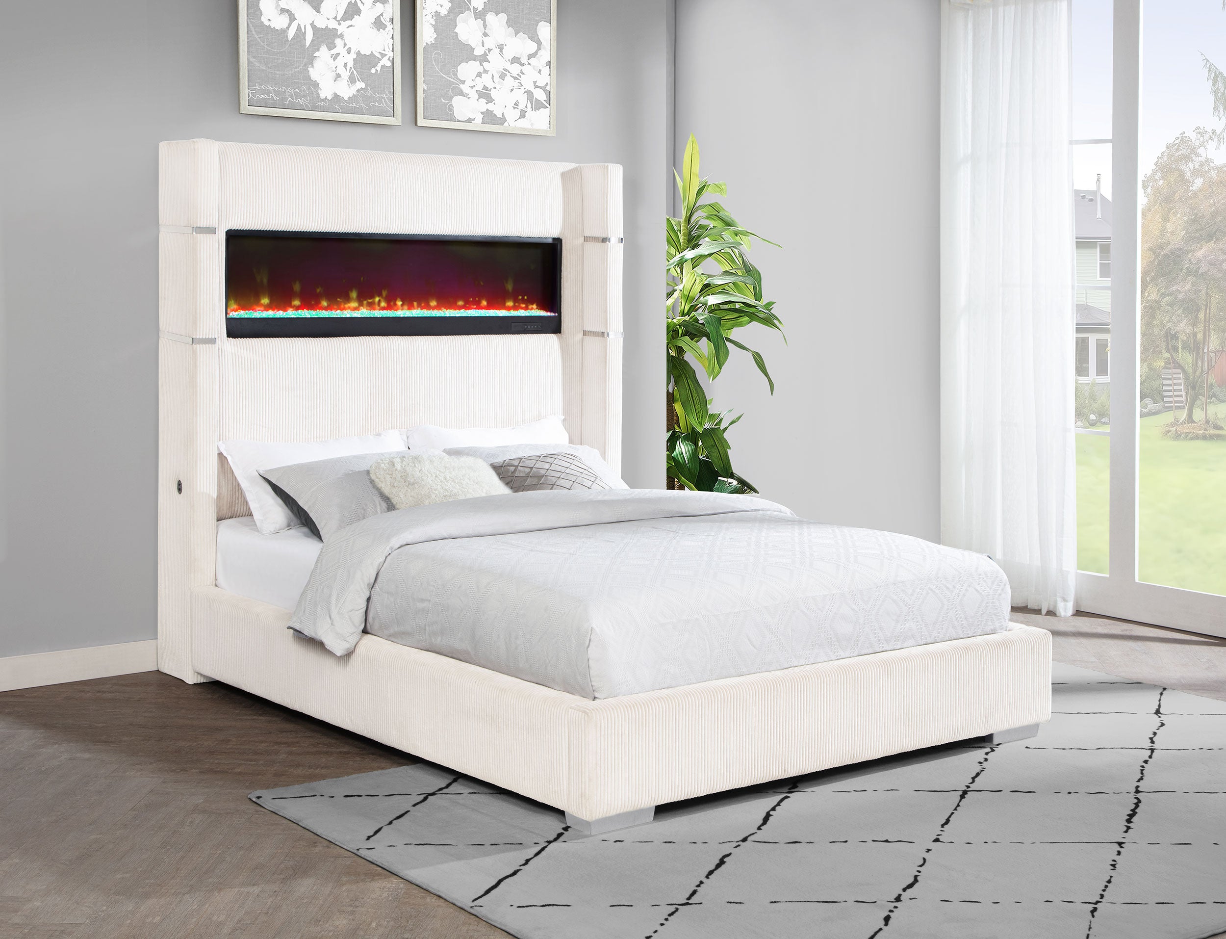Tisdall Upholstered Cal King Flame Visualizer Bed Cream-